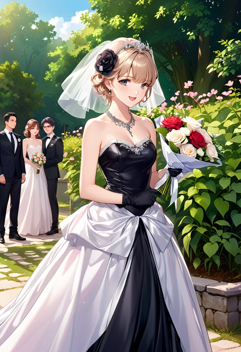 score_9, score_8_up, score_7_up, score_6_up, score_5_up, score_4_up, source_anime, bbz23, short hair, black ribbon, bridal veil, hair flower, black veil, necklace, iron cross, bare shoulders, wedding dress, black dress, see-through, sleeveless dress, black gloves, black thighhighs, smile, tears., open mouth, standing, cowboy shot, holding bouquet, garden, outdoors