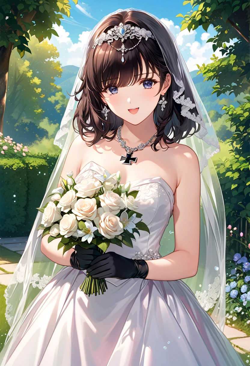 score_9, score_8_up, score_7_up, score_6_up, score_5_up, score_4_up, source_anime, bbz23, short hair, black ribbon, bridal veil, hair flower, black veil, necklace, iron cross, bare shoulders, wedding dress, black dress, see-through, sleeveless dress, black gloves, black thighhighs, smile, tears., open mouth, standing, cowboy shot, holding bouquet, garden, outdoors