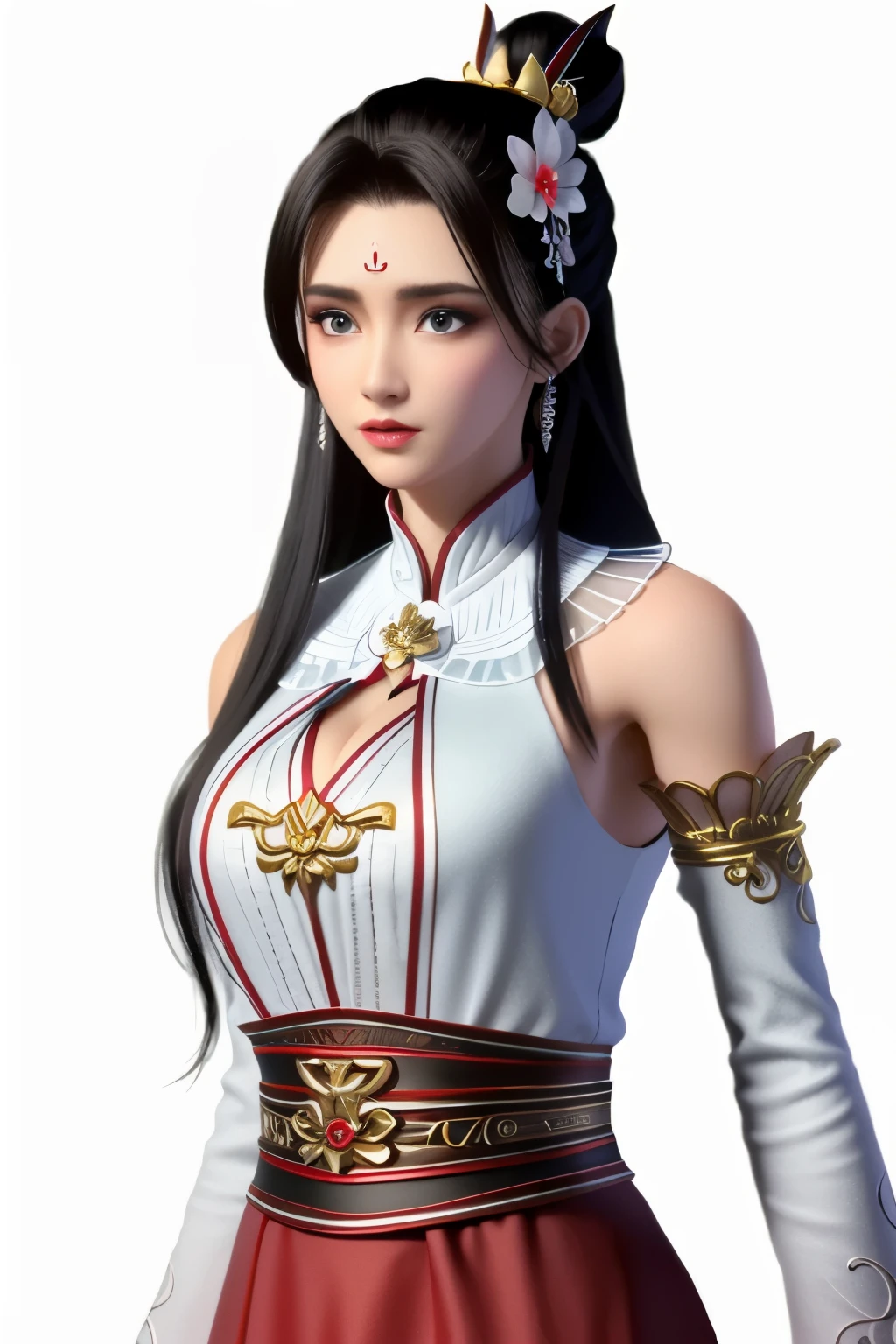 ((HRD, HUD, 8K)),((masterpiece, best quality)), highly detailed,1girl, solo, hair ornament, hair bun, black hair, long hair, forehead mark, facial mark, earrings, jewelry, dress, chinese clothes, bare shoulders, detached, sash, simple background, white background, upper body, standing, looking at viewer,