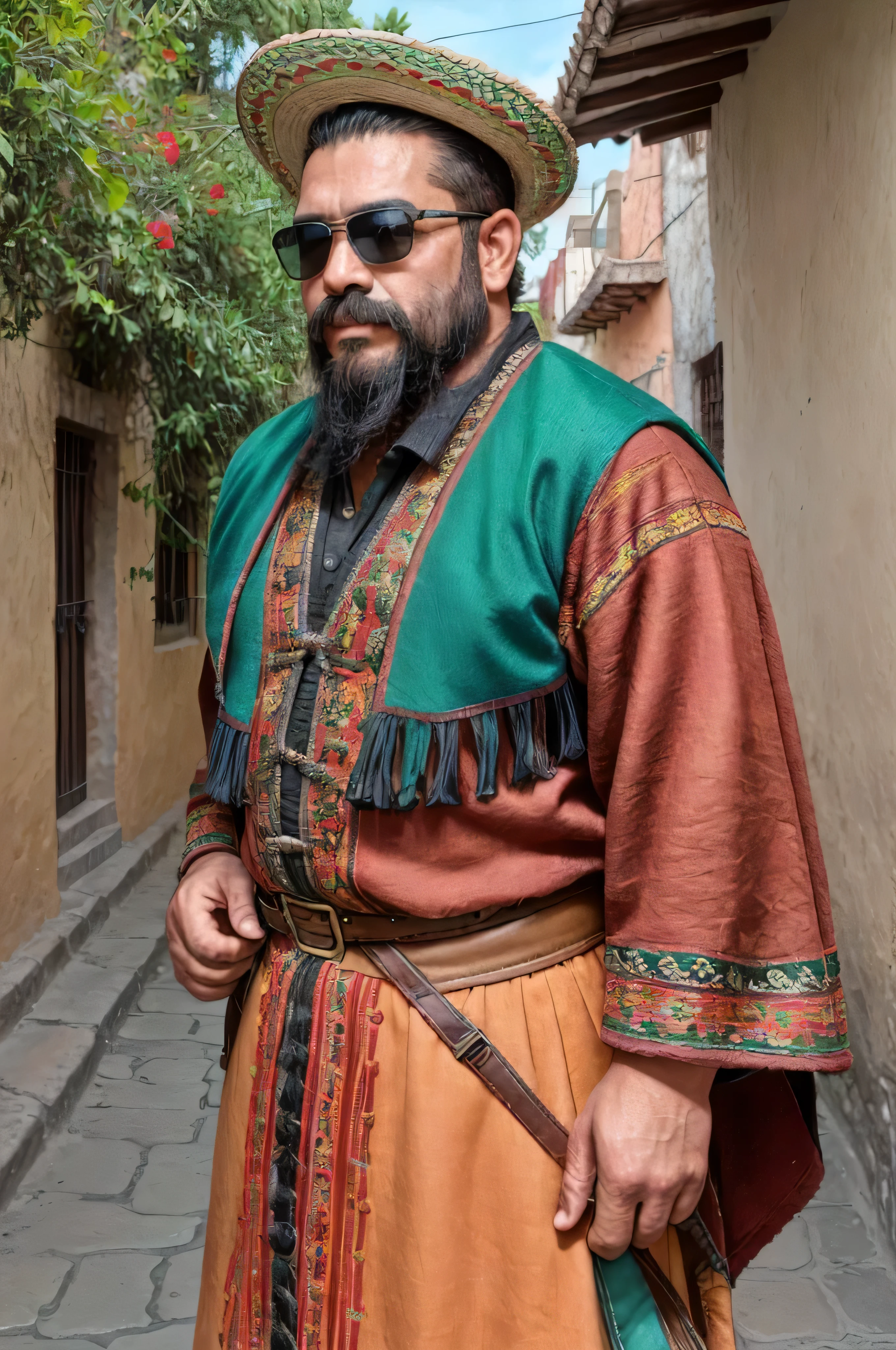 Physical Description:
The Wandering Trader is of medium height with a slender and agile body structure. He has a light tan skin tone and dark hair, typically styled neatly back. His eyes are lively and expressive, with a curious and attentive gaze. The Wandering Trader's face is adorned with a big mustache, big nose .
Clothing:
The Wandering Trader wears typical TURKİSH TRADITIONAL COSTUMES. He sports a long, loose tunic in blue color, often decorated with golden ethnic patterns. Over the tunic, he wears a sturdy cape that protects him from the elements during his travels. On his feet are robust boots.
Accessories:
As accessories, the Wandering Trader can be seen with bags and backpacks . He wears a wide and sturdy belt. Around his neck, he may carry symbolic amulets.