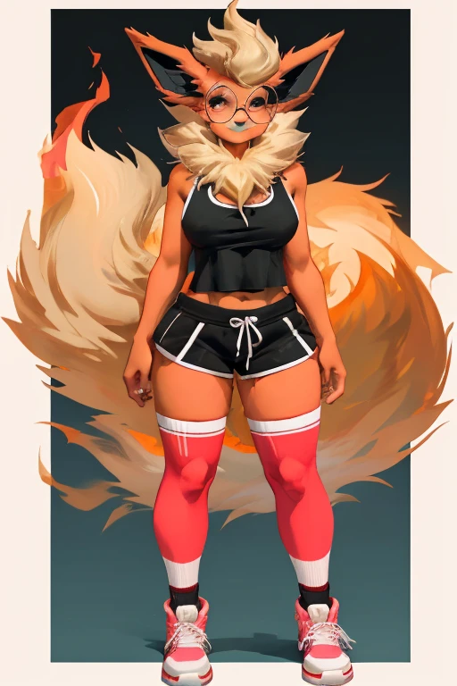 ((Flareon)), anthropomorphic, big breasts, big butt, pokemorph, (((1girl))), (((black cropped tank top))), (pink thigh high socks), (black and pink gym short shorts), (pink sneakers), full body, cute and sexy, fiery red skin, (round glasses), long legs, smiling