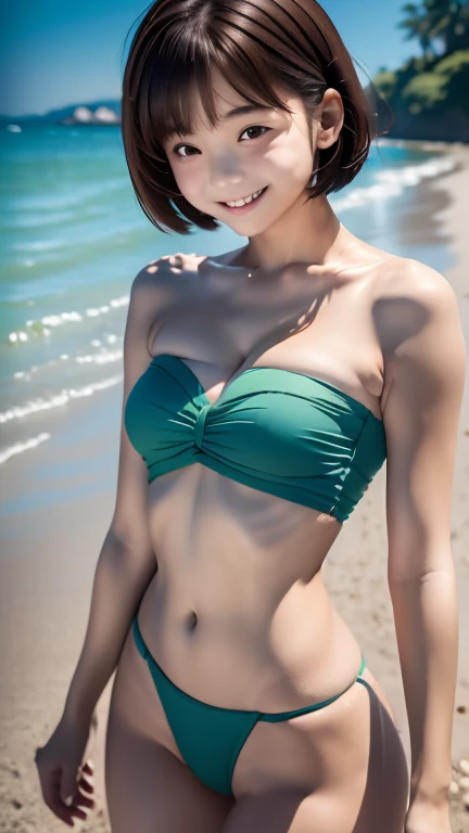 ((sfw: 1.4)), ((sfw, bandeau top, beach, bony body, extra short hair, sidelocks-hair, smile, 1 girl)), ultra high resolution, (real: 1.4), RAW photo, highest quality, (photorealistic), focus ,Soft light,((15 years old)),((Japanese)),(((Young face))),(Surface),(Depth of field),Masterpiece,(Photoreal),Woman,Bangs,( (1 girl)