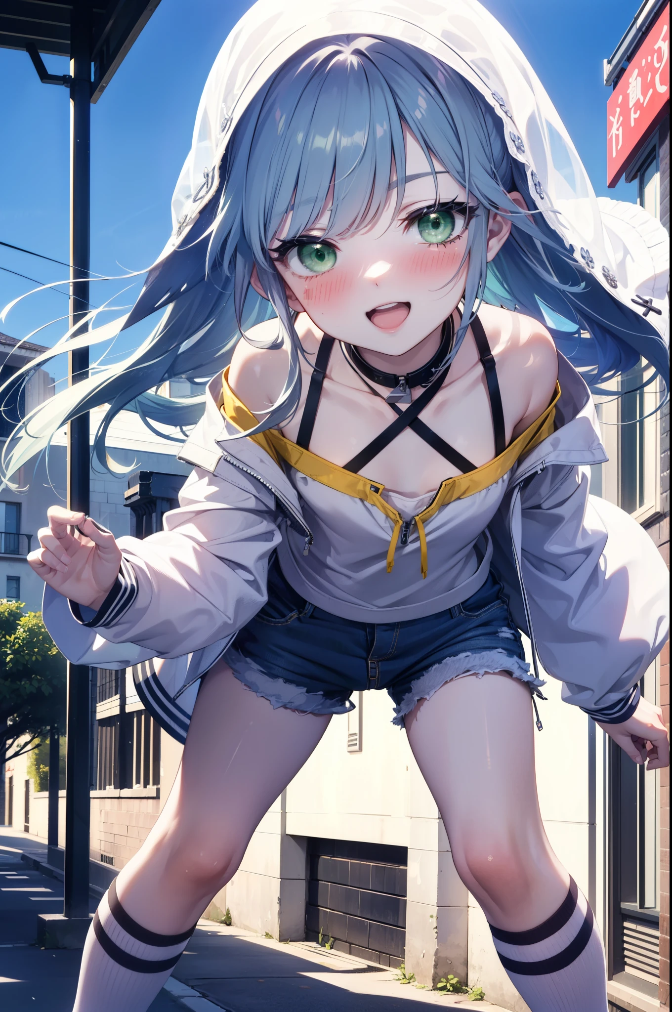 index, index, (Green Eyes:1.5), Blue Hair, Long Hair, (Flat Chest:1.2),happy smile, smile, Open your mouth,blush,Cordo shoulder top,Shorts,White knee socks,High-top sneakers,Daytime,Clear skies,whole bodyがイラストに入るように,Walking,
break looking at viewer, whole body,
break outdoors, In town,Building district,
break (masterpiece:1.2), highest quality, High resolution, unity 8k wallpaper, (figure:0.8), (Beautiful fine details:1.6), Highly detailed face, Perfect lighting, Highly detailed CG, (Perfect hands, Perfect Anatomy),