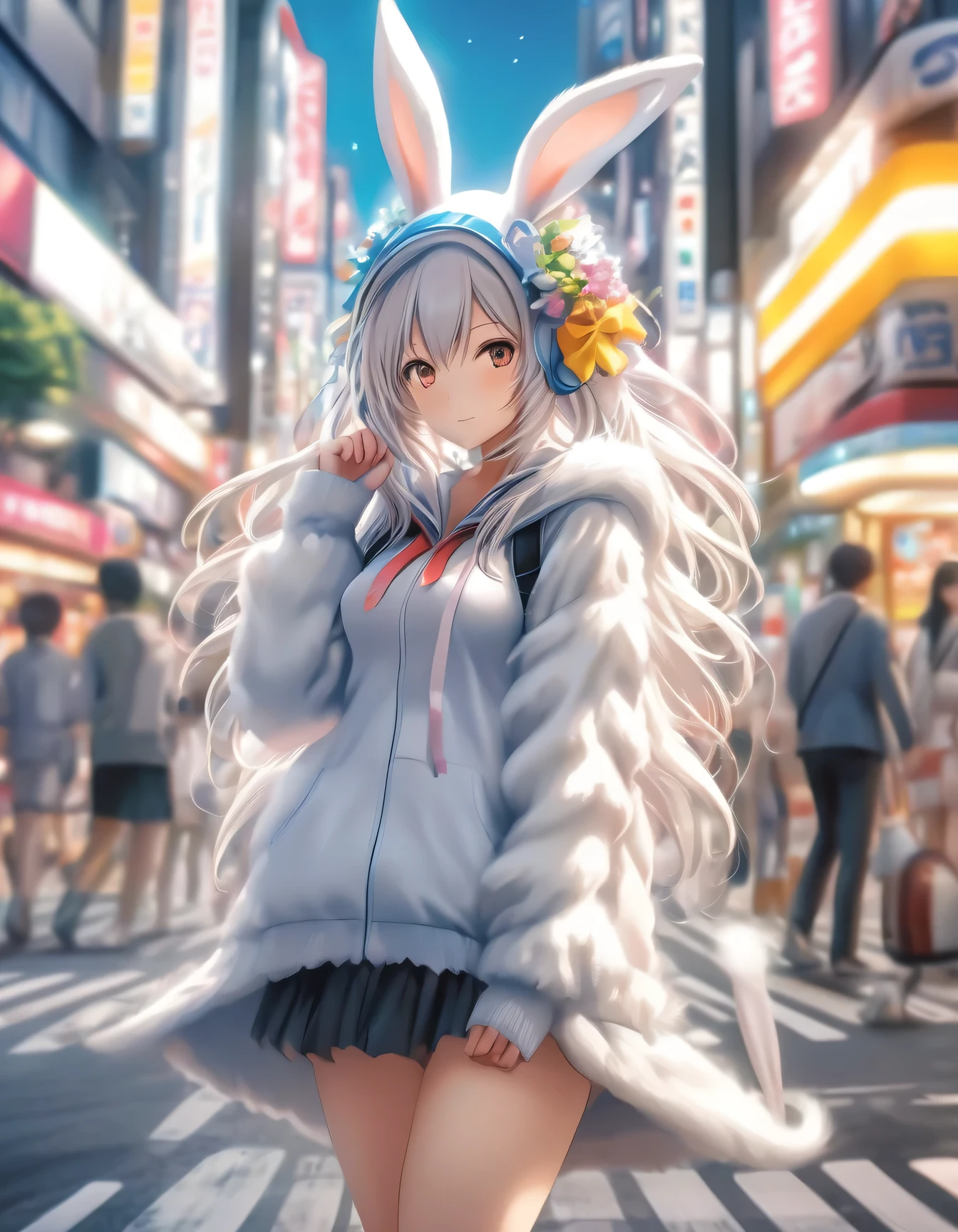 Illustration of a girl wearing rabbit ears, fluffy white costume, rabbit cosplayer,
on the streets of Akihabara, masterpiece,extremely best quality, official art, cg 8k wallpaper, (Fantasy Style:1.1), (artistic atmosphere:1.2),(Korean style:1.3), (nsfw, seductively charming:1.5), (from above:1.5),