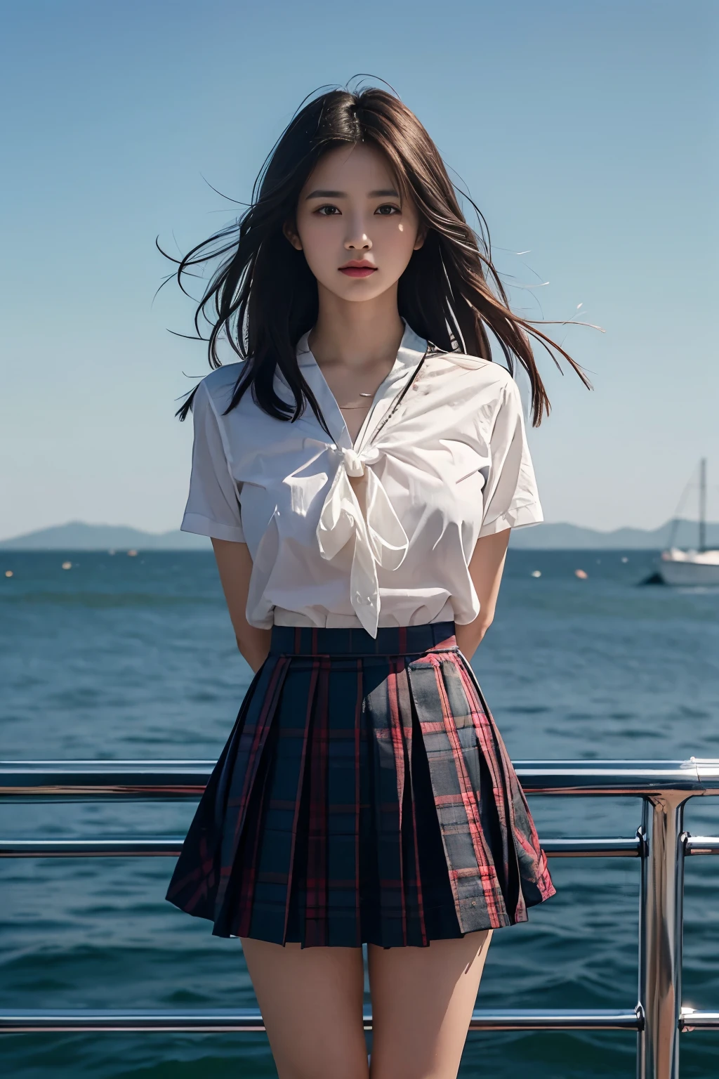 8k, Raw photo, highest quality, masterpiece:1.2), masterpiece, highest quality, figure, Very detailed, Fine details, High resolution, 8k,wallpaper, Perfect dynamic composition,(Detailed high quality, Realistic depiction of eyes:1.3)、A woman who has been and has her hands tied、Arms wrapped around his back、hands tie,Standing on a yacht on the sea、Tartan plaid pleated skirt、whole body、A strong wind blows and the skirt is flipped up、White panties are visible、The whole thing faces forward、21talent、Beauty、Well-formed face、Make your eyes even、Beautiful black hair、Has bangedium build、Well-balanced proportions、Beautiful legs、Short sleeve blouse、Fresh face、Beautiful scenery、