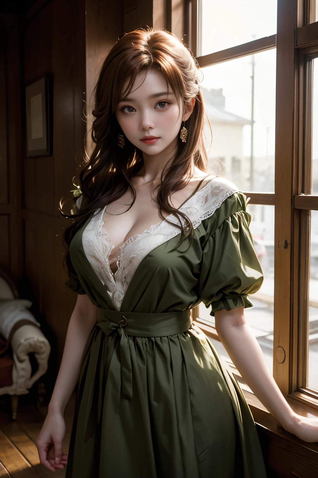 Masterpiece、He is an elegant person., She is beautiful、Has a strong attitude, Hyperrealistic:1.5、Her breasts are voluminous, Feminine pear-shaped silhouette, (Auburn Hair, 長いAuburn Hair), She has expressive eyes, ((Eyes are olive green)) Her skin turns white、Cheeks slightly pink。beautiful,Big Breasts, farm, (Brown rustic clothing,Bohemian style clothing,farmのボヘミアンファッションの服), Romantic atmosphere, The Light of the Fire, The fire shines, Half of the hair in the flower dress is straight.、Half of the hair has curled ends.。Proper shading、Like in the movies、Depth of written boundary、highest quality,Highest Resolution:1.2、