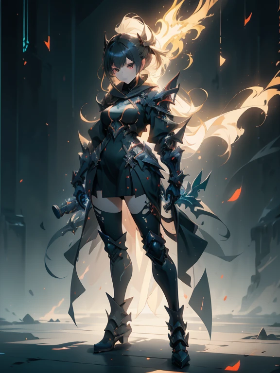 Design a layout showcase Gaming character, (1girl). Golden+Purle clothes, stylish and unique, ((showcase weapon:1.4)), magic staff, (masterpiece:1.2), (best quality), 4k, ultra-detailed, (Step by step design, layout art:1.5), (luminous lighting, atmospheric lighting), magican, ((glove full hands)), (((revealing clothes:1.3))), vambraces, armored legwear, (((full_body_shot:1.4)))