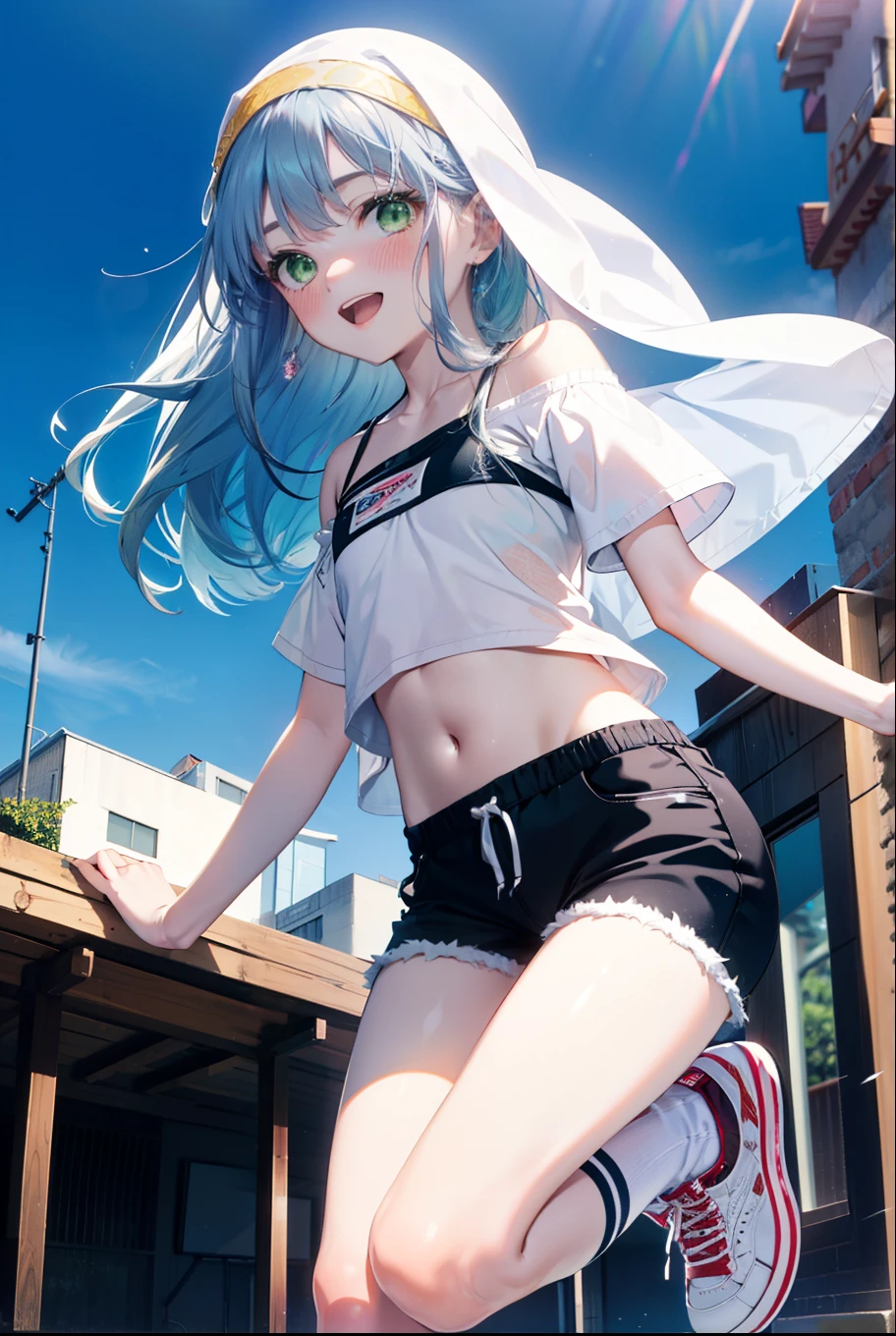 index, index, (Green Eyes:1.5), Blue Hair, Long Hair, (Flat Chest:1.2),happy smile, smile, Open your mouth,blush,hair band,Cordo shoulder top,Short sleeve,Shorts,White knee socks,High-top sneakers,Daytime,Clear skies,whole bodyがイラストに入るように,Walking,
break looking at viewer, whole body,
break outdoors, In town,Building district,
break (masterpiece:1.2), highest quality, High resolution, unity 8k wallpaper, (figure:0.8), (Beautiful fine details:1.6), Highly detailed face, Perfect lighting, Highly detailed CG, (Perfect hands, Perfect Anatomy),