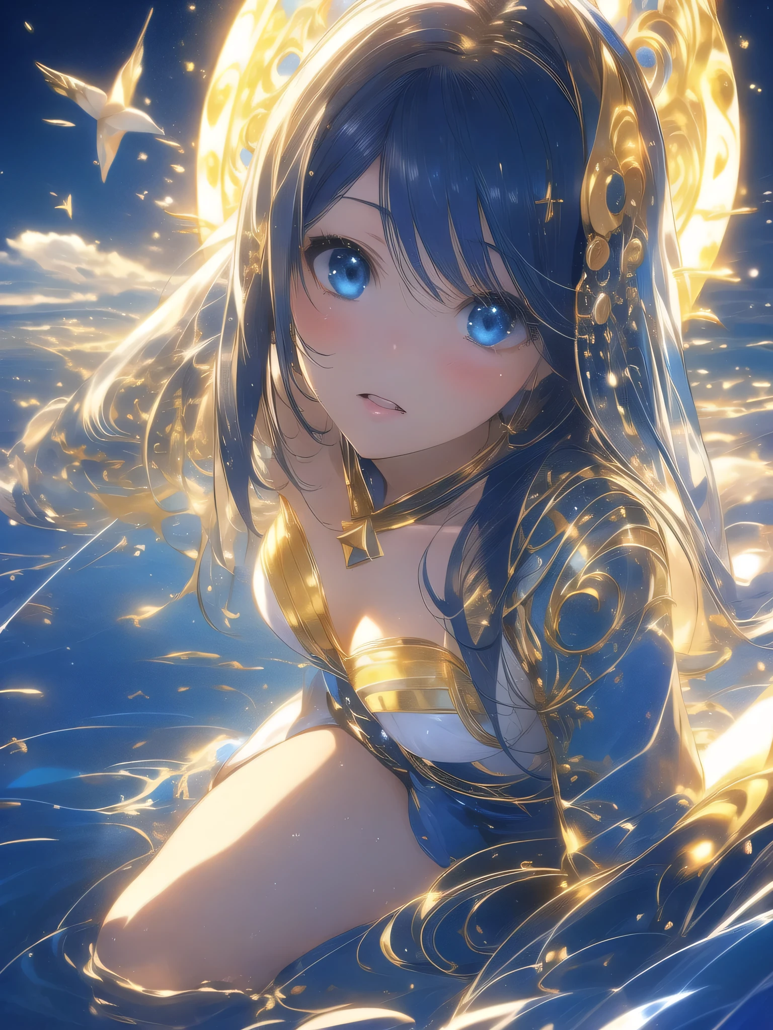 Glare,Stardust、((Night Sky))、universe、1 girl(1:2)、Age 25、universe、masterpiece, highest quality, (delicate eyes and face), Volumetric Light, Ray Tracing, Very detailed CG Unity 8k wallpaper , Hair above one eye, Blonde hair between the eyes、short hair、Light blue hair(1:2)、Looking at the audience, Seductive pose,Beautiful crystal eyes(1:1)、Show me your eyes、grin and laugh、The art style resembles an attractive anime style. About image quality, priority (highest quality, 4K, 8k, High resolution, Bodyline 1.2), Very detailed, and (Realistic, Realistic, Realistic:1.37) ,bikini、Color Bikini、Yoga poses.Ultra-fine painting, Sharp focus, Physically Based Rendering, Very detailed, Professional, Bright colors,、White shirt with a little sheer feel、Plump thighs、phblue scenery golden theme、moon、Bun Hair、((SyFyEye1))