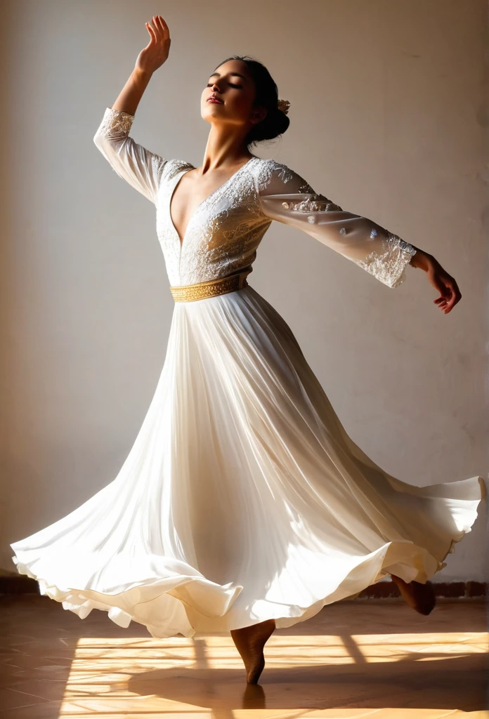 The image captures a moment of pure elegance and grace. O sujeito, uma jovem mulher, is in the middle of a dance, your body positioned in a dynamic pose that suggests movement and energy. She is adorned in a white dress, its golden details adding a touch of sophistication. O vestido, with your flowing skirt, It's a testament to the fluidity of your dance.
His arms are raised, mirroring the upward movement of your dance, and his eyes are closed, indicating a moment of intense concentration or perhaps a moment of pure joy. Sunlight coming in from the side casts a warm glow on her, highlighting your features and adding depth to the image.
O fundo contrasta fortemente com o assunto, com suas cores escuras e suaves, allowing the viewer's attention to remain focused on the woman and her dance. The overall composition of the image, with its careful balance of light and shadow, cor e contraste, creates a visually stunning scene that captures the essence of grace and beauty in motion.