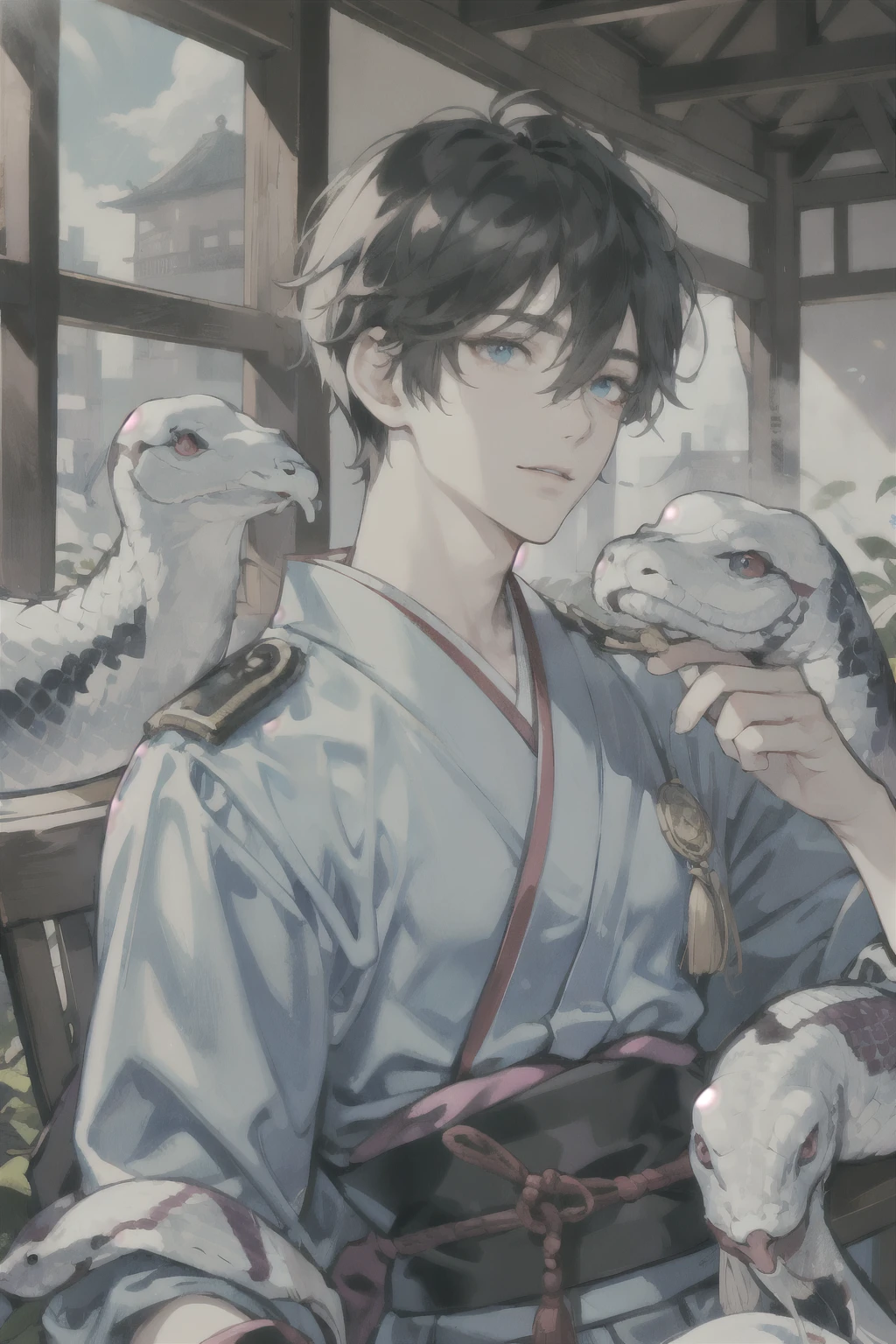 masterpiece, best quality, ultra detailed, (solo man), (male focus), ((Oblong face)), ((Square jawline)), black hair, ((hairs between eyes)), ((shoulder length)), ((narrow blue eye)), fair skin, skinny body, beauty mark, {uniform, outfit, clothes}, Japanese kimono costume, (Giving an insincere smile:0.7), (entangled a big albino snake), (completely nude:0.5), on a chair