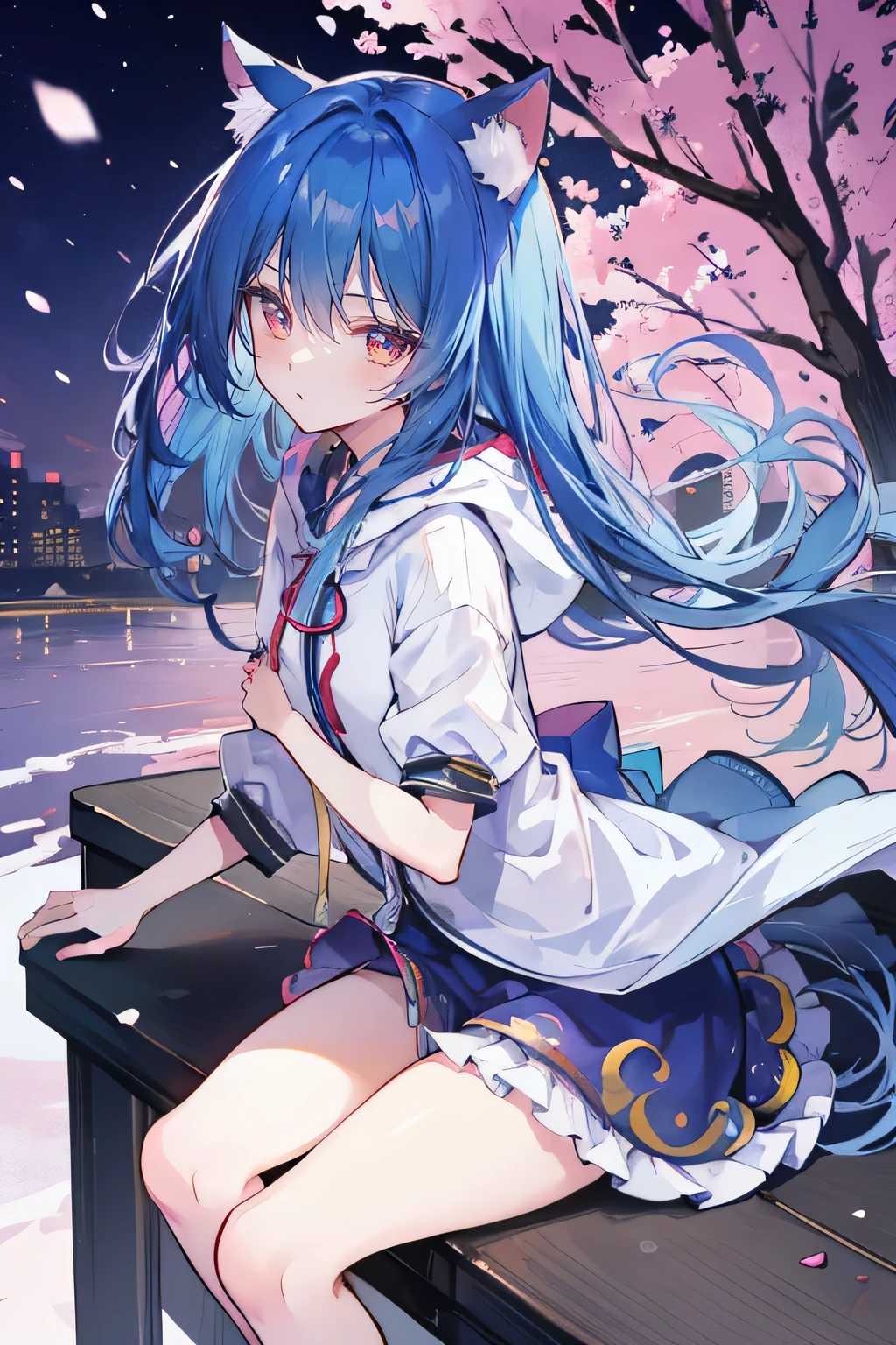(masterpiece:1.2),Super detailed,lifelike,Expressive eyes,fair skin,perfect face shape,1 girl,
Japanese comics,Gorgeous blue hair,flowing blue hair,flowing clothes,Cat ears,Petals fall,beautiful lola,Baby Angel,sunrise,
Shaking head with one hand,Cross your legs,Gentle and peaceful background,The pavilion is cool and comfortable,smile, wearing hoodie, background of tokyo,back views,snowing, winter.