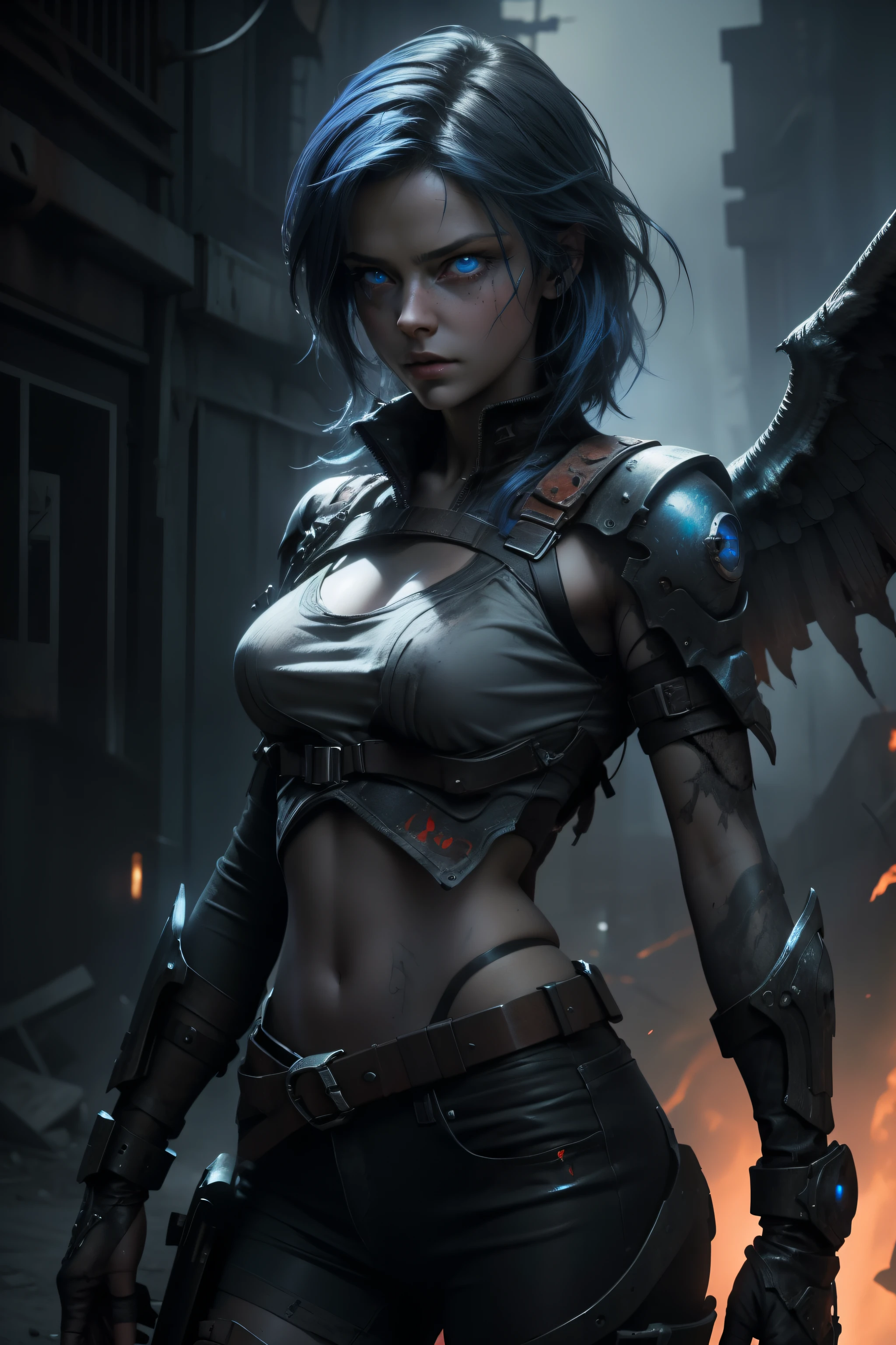 Lilith, beautiful demon, fallen angel, piercing blue eyes, hyperdetailed, photorealistic, post apocalyptic background, volumetric lighting, 4k