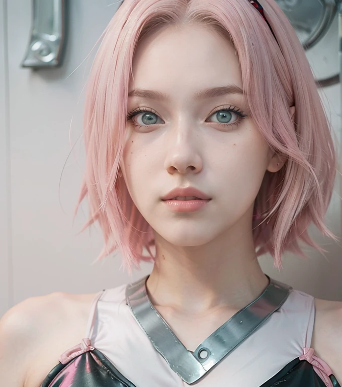 young woman, short shoulder-length pink hair, wide forehead, porcelain skin, pink eyebrows, big emerald green eyes, buttoned nose, full lips, heart-shaped face, slender body, small breasts, red tank top, Sakura Haruno , realistic, realism, details, 3d, well detailed