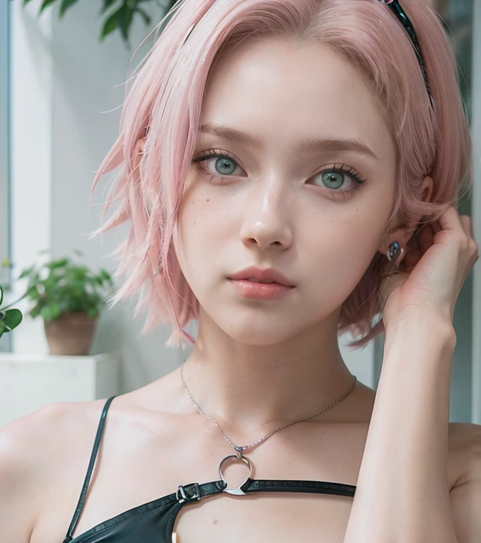 young woman, short shoulder-length pink hair, wide forehead, porcelain skin, pink eyebrows, big emerald green eyes, buttoned nose, full lips, heart-shaped face, slender body, small breasts, red tank top, Sakura Haruno , realistic, realism, details, 3d, well detailed
