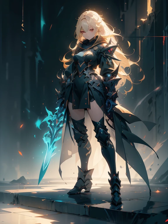 Design a layout showcase Gaming character, (1girl). Golden+Purle clothes, stylish and unique, ((showcase weapon:1.4)), magic staff, (masterpiece:1.2), (best quality), 4k, ultra-detailed, (Step by step design, layout art:1.5), (luminous lighting, atmospheric lighting), magican, ((glove full hands)), (((revealing clothes:1.3))), vambraces, armored legwear, (((full_body_shot:1.4)))
