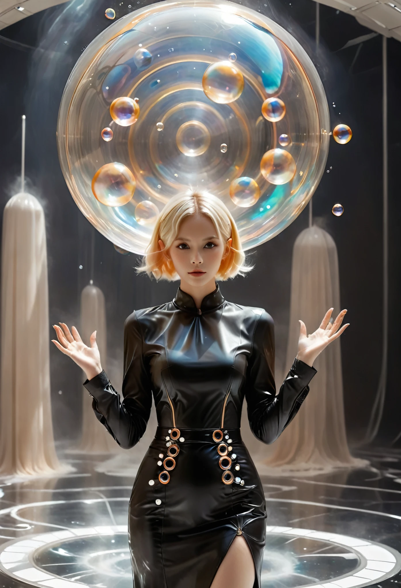 
20h
A realistic (((half body))) photograph of a woman model in black long sleeves shirt and (blond pixie short hairstyle) ((standing and putting two hands on her waist elegantly )) with (( giant bubbles)) in spaceship, in glass background, a surrealist sculpture in the style of Richard Avedon, in a still from a fashion film, with black and orange color, sminimalist stage designs, leather/hide, y2k aesthetic, aerial view, low angle upon, symmetrical composition，xianxia