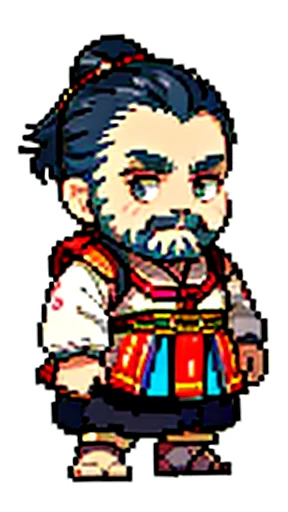 Old man in ancient Chinese costume、Wise Old Man、Looking into the camera、Her hair is tied up in a bun、Long sleeve、Hanfu、Black Hair、Standing and posing with arms crossed、Pixel art、(masterpiece, highest quality, highest quality), pixel,pixel art,whole body,Characters in Romance of the Three Kingdoms、Transform、beard、Short Deformation、Old man with long beard