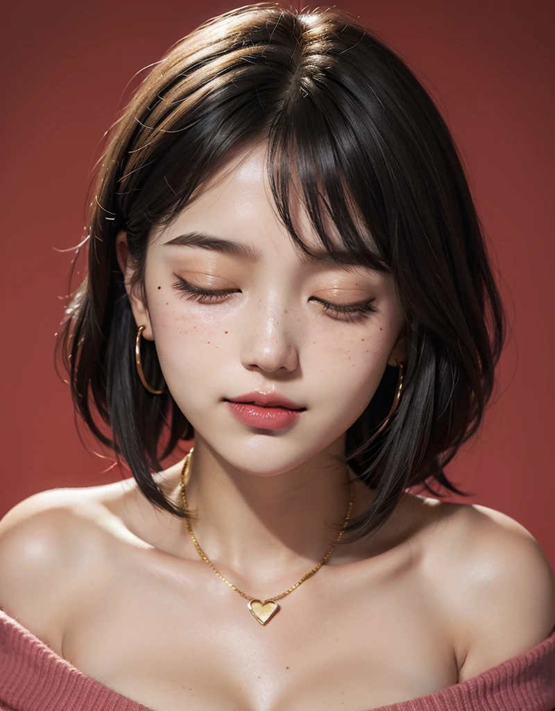 1 girl with tattoo in the neck, slim head, 25 years old, south korean, idol, masterpiece, perfect face, soft skin, freckles under eyes, short whavy black hair, bob cut, massive breast, closed eyes, red lips, natural makeup, red eyeliners, happy, big smile, kissing, pink earrings, gold necklase, off-shoulder sweater, facing the spectator, bright colors, portrait, close up, face focus.