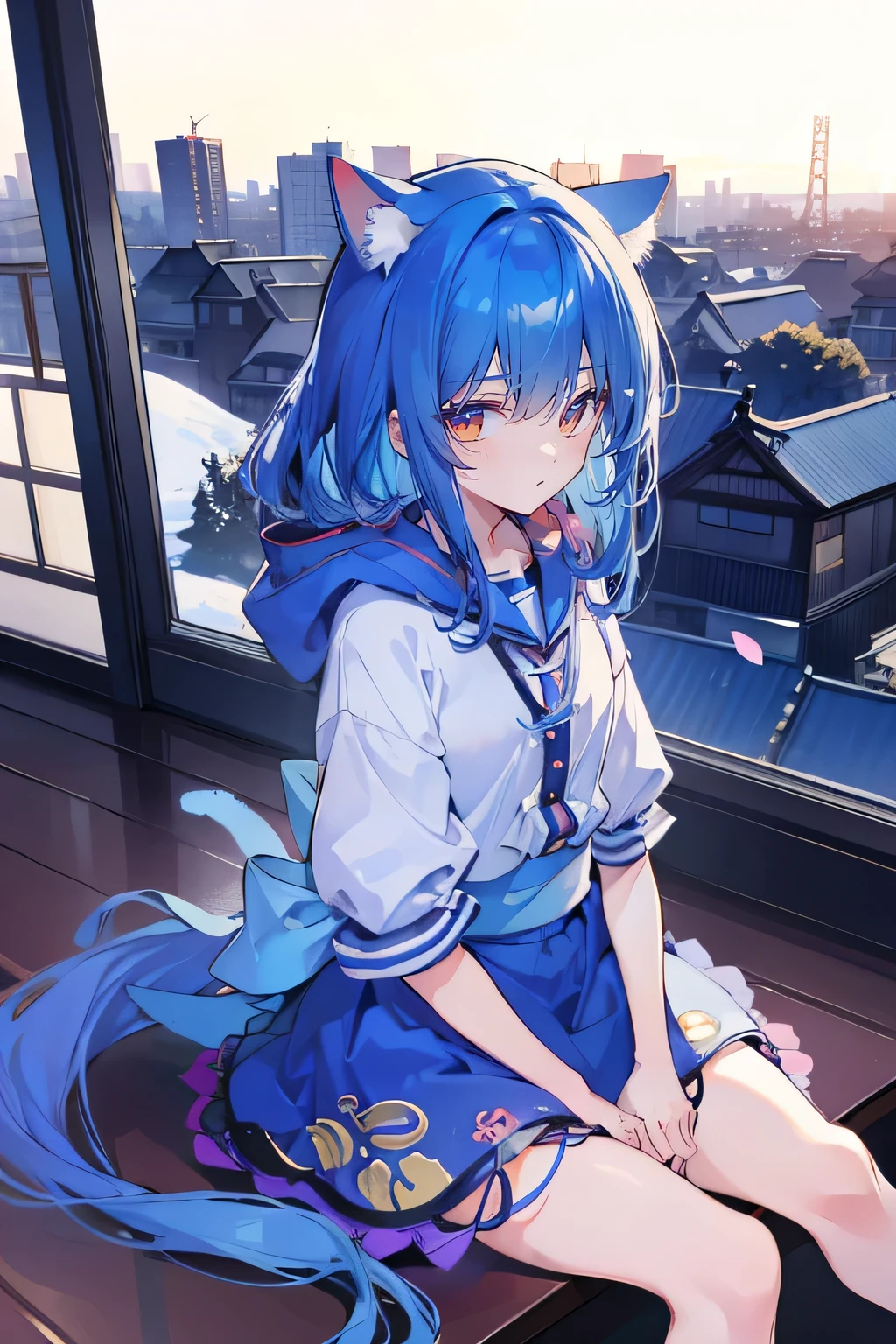 （masterpiece：1.2），Super detailed，lifelike，Expressive eyes，fair skin，perfect face shape，1 girl，
Japanese comics,Gorgeous blue hair,flowing blue hair,flowing clothes,Cat ears,Petals fall,beautiful lola,Baby Angel,sunrise,
Shaking head with one hand，Cross your legs，Gentle and peaceful background，The pavilion is cool and comfortable,smile, wearing hoodie, background of tokyo,back views,snowing, winter.