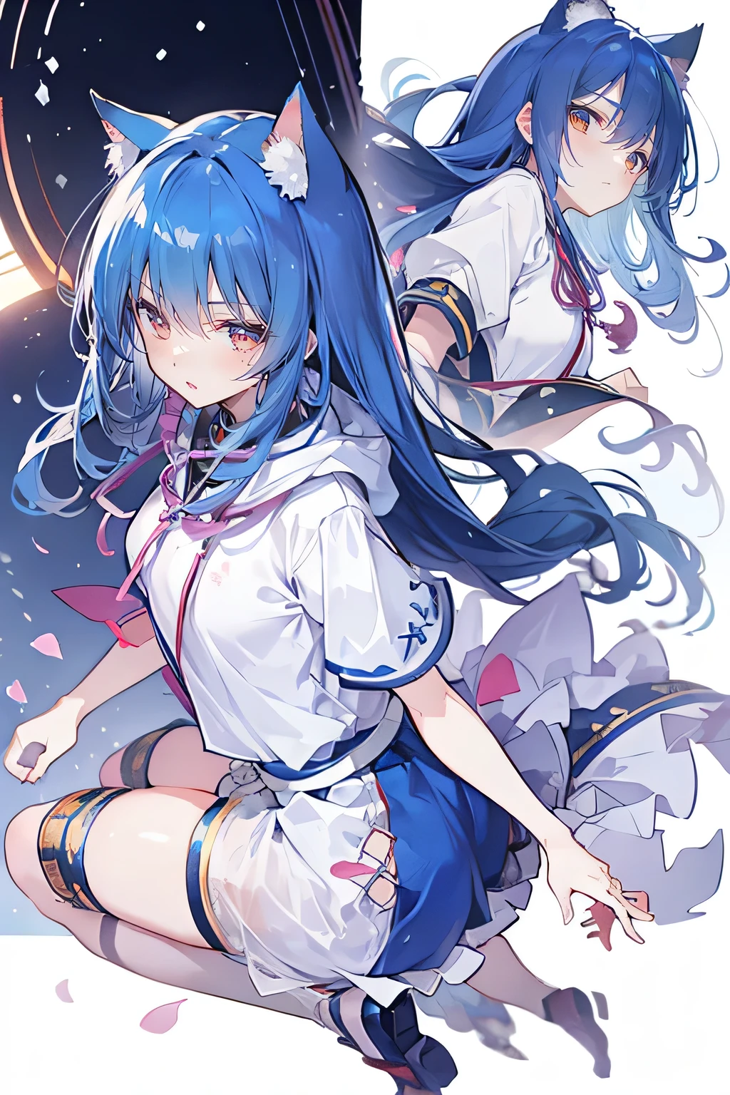 (masterpiece:1.2),Super detailed,lifelike,Expressive eyes,fair skin,perfect face shape,1 girl,
Japanese comics,Gorgeous blue hair,flowing blue hair,flowing clothes,Cat ears,Petals fall,beautiful lola,Baby Angel,
Shaking head with one hand,Cross your legs,Gentle and peaceful background,The pavilion is cool and comfortable,smile, wearing hoodie, background of tokyo,back views,snowing, winter.