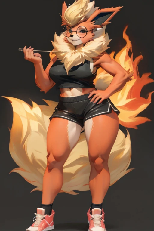 ((Flareon)), anthropomorphic, big breasts, big ass, pokemorph, (((1girl))), (((fire theme bikini top))), (fire theme bikini bottoms), (black stockings), (white sneakers), full body, cute and sexy, fiery red skin, (round glasses), long legs, smiling