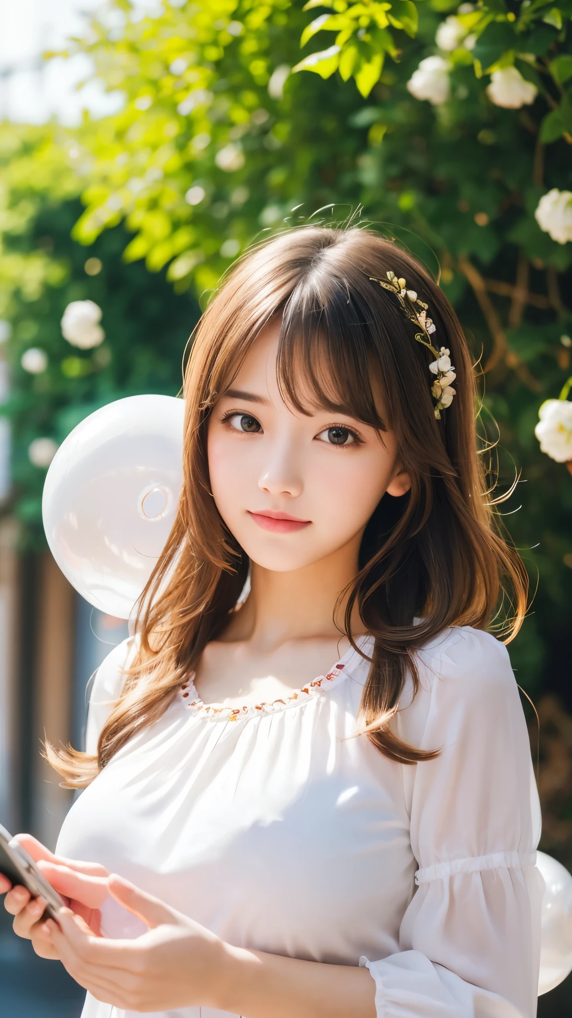 highest quality, One girl, (Skin Hollow), (Large Breasts), (Day), bright, Background Blur, Outdoor, (street:0.6), (hair:1.5), (blouse:1.5), nice, (hair Float:1.5), Soft Light, Wind, garden, street