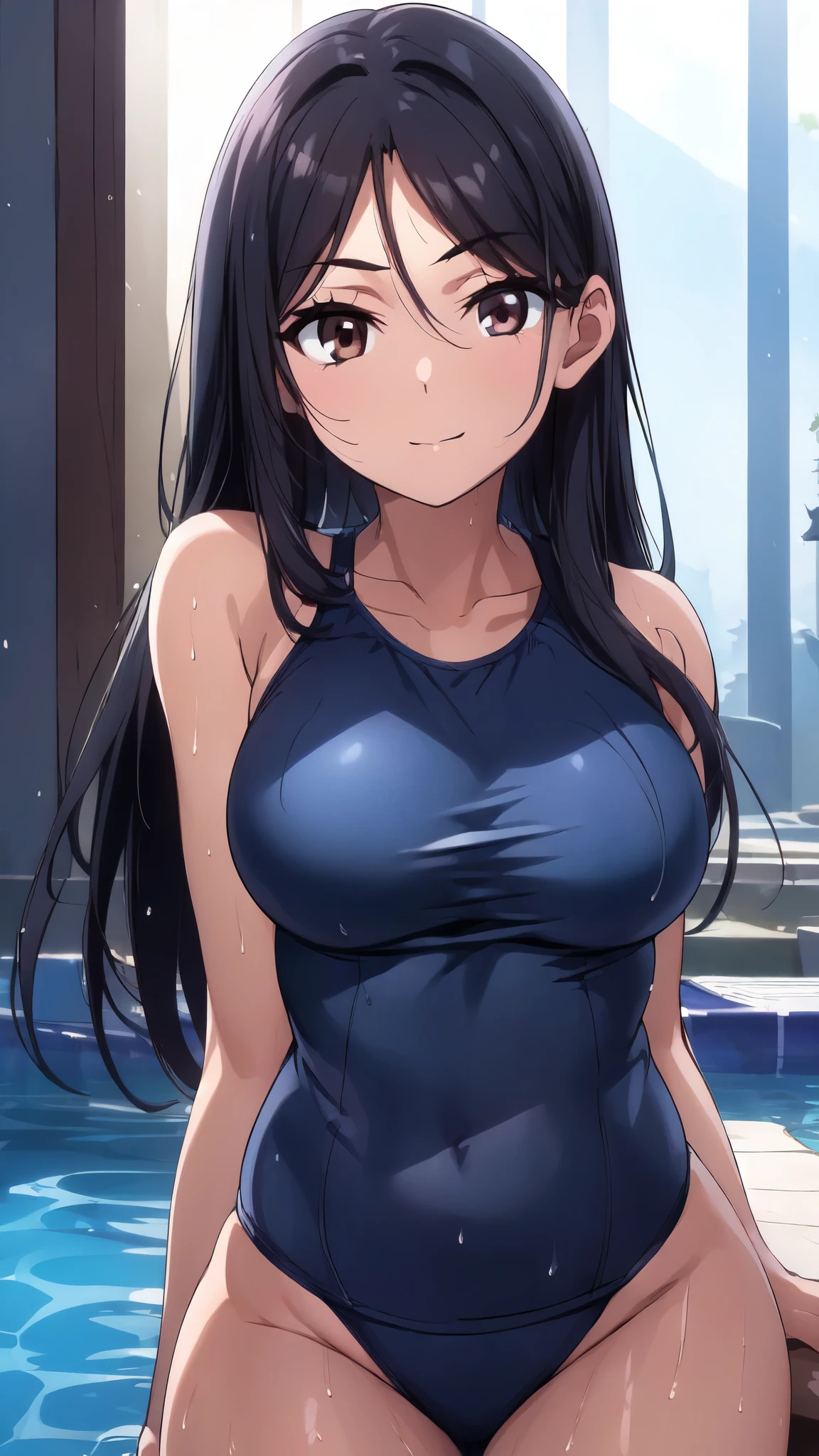 (1 girl, alone:1.4),anime,(From Below:1.4),(masterpiece:1.5),Very accurate and detailed,Ultra-high resolution,Highly detailed CG Unity 8k wallpaper,(Realistic,Photorealistic,超Realisticな:1.5),(smile:1.3),(curve,model,Glamour:1.5),Beautiful breasts,Chromatic_aberration,Beautiful detailed shadows,Beautiful Eyes,Beautiful body,Beautiful Skin,Beautiful Hands,Sitting,(美的animeの目:1.4),highest quality,(26 years old:1.4),(Brown eyes:1.4), tsurime, eyelash, (Black Hair:1.4), Long Hair,Straight hair, Blunt bangs, blunt end,(Cleavage:1.4) ,(Navy blue school swimsuit:1.4),(wet swim suit:1.4),Exposing shoulders, Bare arms, Cleavage, Big Breasts,Upper Body, Looking at the audience, blush, smile,,(Poolside:1.3),(Navy blue school swimsuit:1.4),(From Below:1.4),