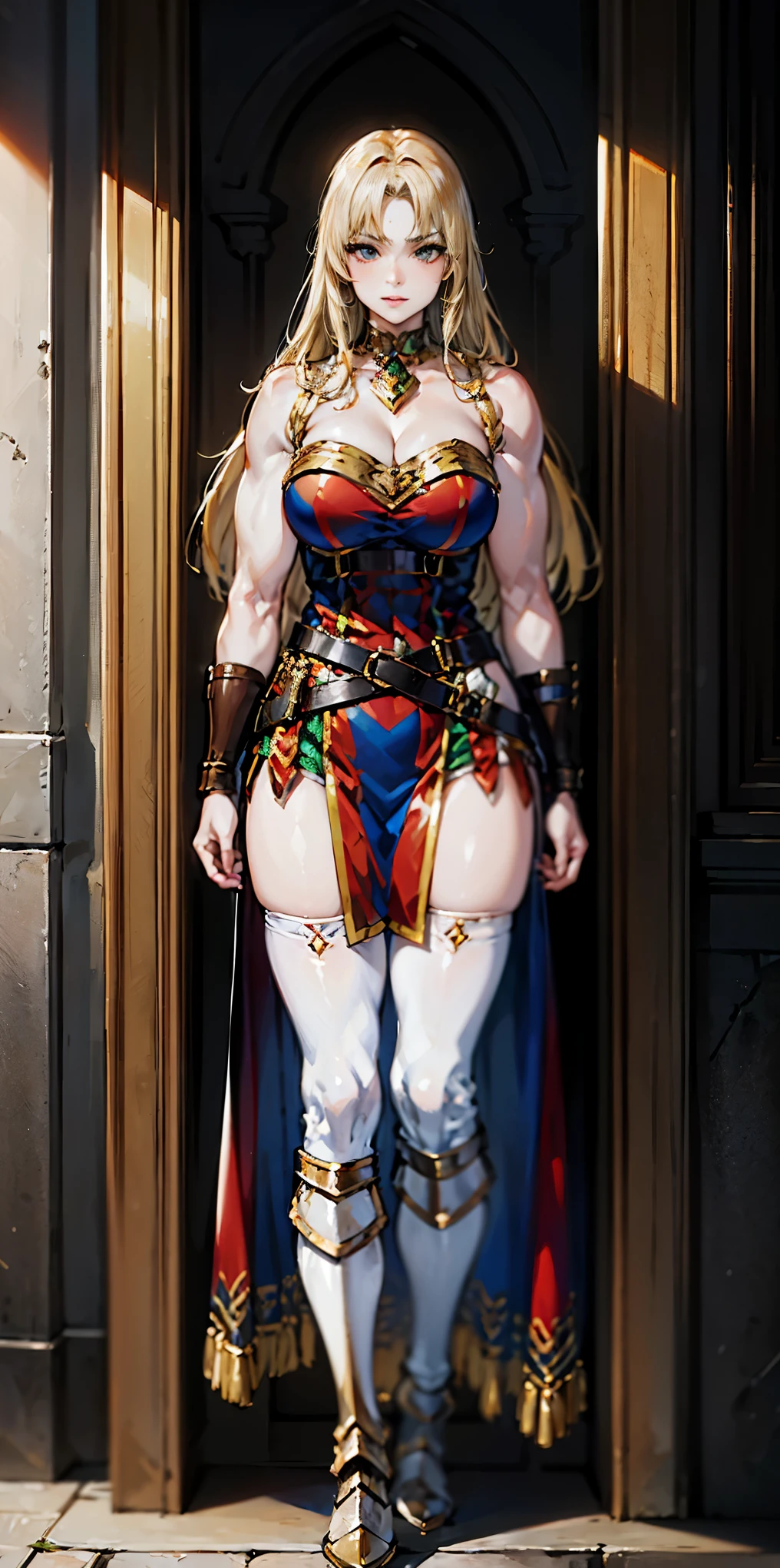 full body standing symmetrical beautiful woman, hyper realistic, 1girl, Asgard, Valkyrie, Lady Knight, correct anatomy, epic fantasy digital art, tmasterpiece, 8k, high definition resolution, detailed drawing, superior quality, epic composition, muscular body, muscular turned arms behind body