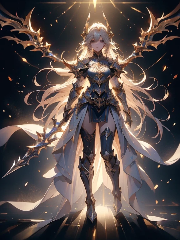 Design a layout showcase Gaming character, (1girl). Golden+Purle clothes, stylish and unique, ((showcase weapon:1.4)), magic staff, (masterpiece:1.2), (best quality), 4k, ultra-detailed, (Step by step design, layout art:1.5), (luminous lighting, atmospheric lighting), magican, ((glove full hands)), (((revealing clothes:1.3))), vambraces, armored legwear, (((full_body_shot:1.4)))

