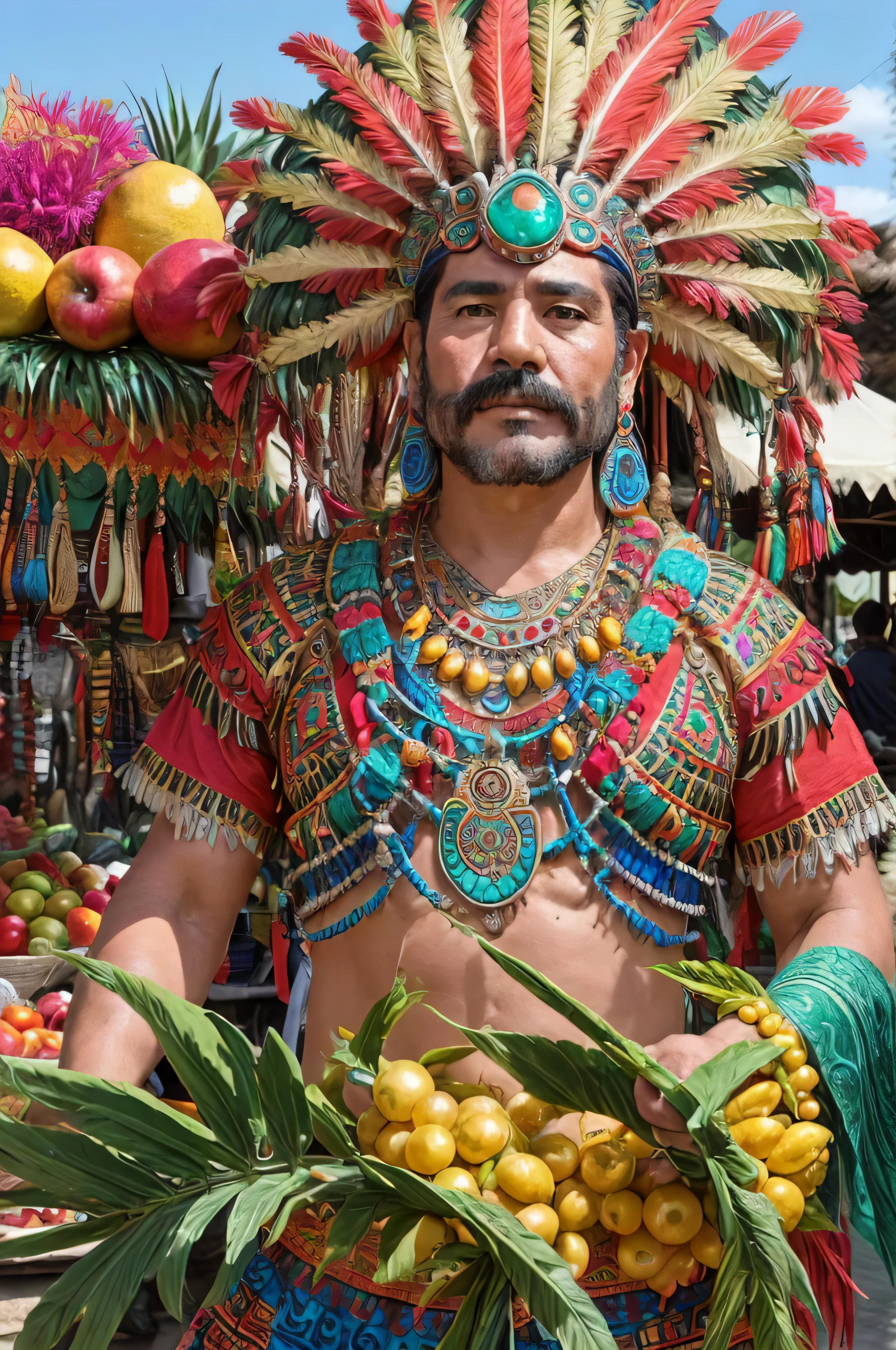 Create a detailed scene set in ancient Mexico, featuring a 38-year-old man from the Aztec civilization. He should be depicted wearing traditional Aztec warrior attire, including a feathered headdress, body paint, and ornate jewelry made of jade and gold. The background should showcase a bustling marketplace with stone pyramids, colorful textiles, and local vendors selling exotic fruits and handmade crafts. The environment should reflect the vibrant and rich culture of the Aztecs, with lush greenery and a clear blue sky.


