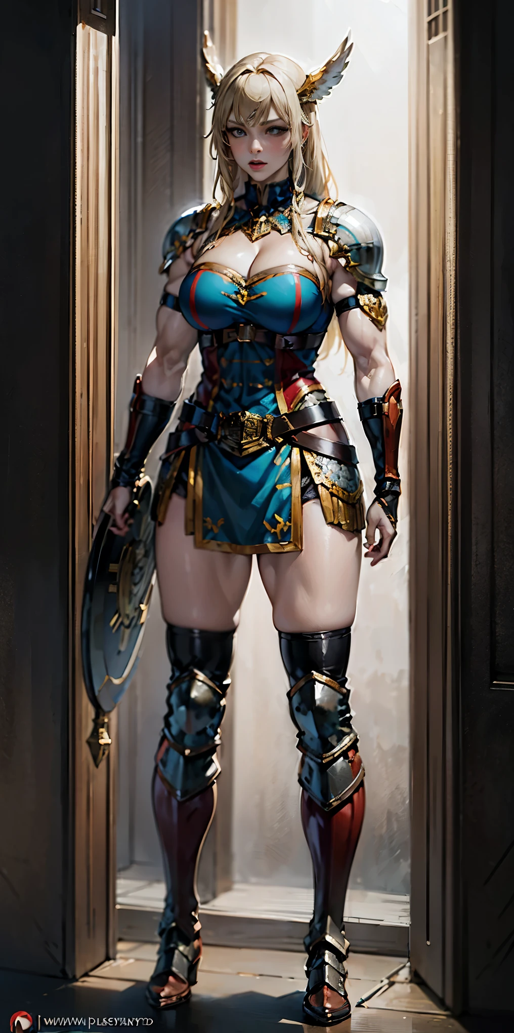 full body standing symmetrical beautiful woman, hyper realistic, 1girl, Asgard, Valkyrie, Lady Knight, correct anatomy, epic fantasy digital art, tmasterpiece, 8k, high definition resolution, detailed drawing, superior quality, epic composition, muscular body, muscular turned arms behind body