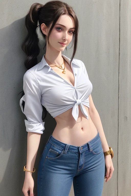23 year old white woman、Hair is brunette、Eye color is blue、Longhaire、hair tied loosely、Slender but well-proportioned muscular body、Wearing tie front shirt topy abs are cracked、The belly button is out、wearing skinny jeans、wearing a gold necklace、accessories on the wrist、setting hair、a smile、I have a handphone、I am in front of a wall with wall art written on it.、I'm so excited、I'm pulling my hair up