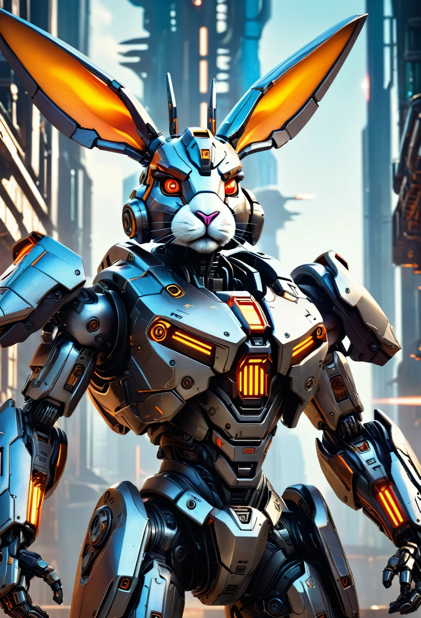 A mech with rabbit ears in a futuristic combat stance, rich in details, steel texture, cool and sci-fi vibe, enhanced by studio lighting effects like HDR and ultra-fine painting, set against a sci-fi background, highres, vivid colors, with a focus on realistic rendering and extreme detail description.