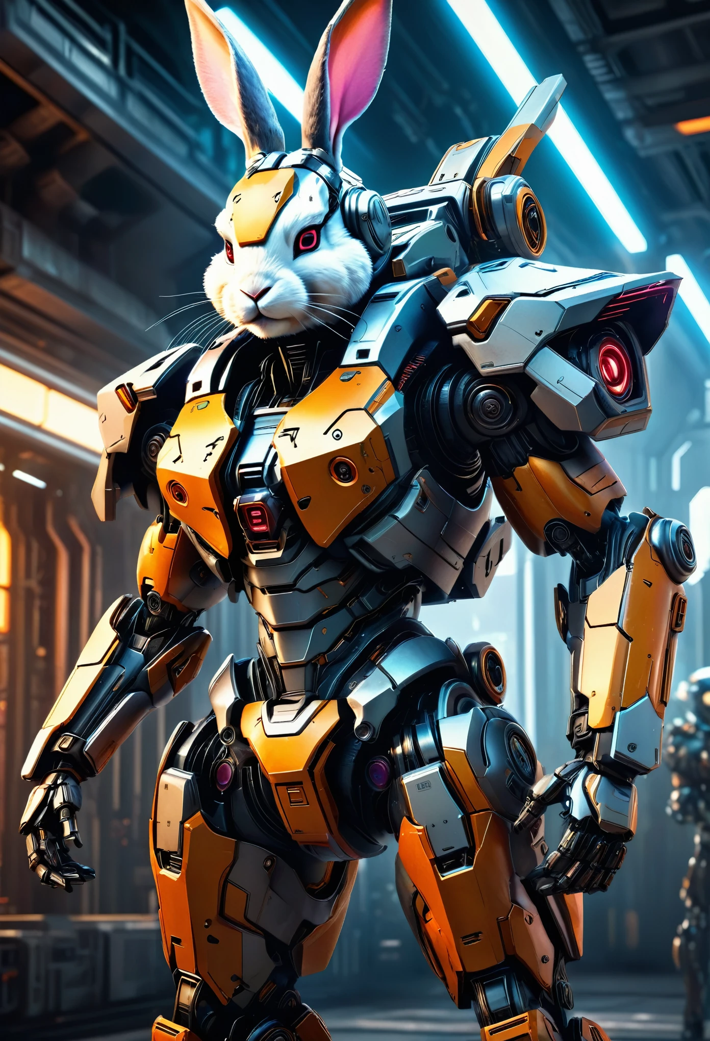 A mech with rabbit ears in a futuristic combat stance, rich in details, steel texture, cool and sci-fi vibe, enhanced by studio lighting effects like HDR and ultra-fine painting, set against a sci-fi background, highres, vivid colors, with a focus on realistic rendering and extreme detail description.