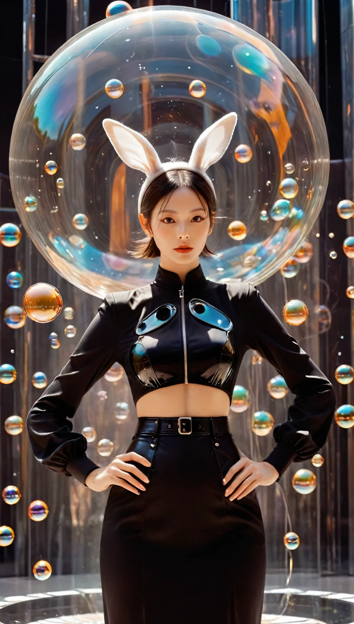 A realistic (((half body))) photograph of a woman model in black long sleeves shirt and Rabbit Ears on head,((standing and putting two hands on her waist elegantly )) with (( giant bubbles)) in spaceship, in glass background, a surrealist sculpture in the style of Richard Avedon, in a still from a fashion film, with black and orange color, sminimalist stage designs, leather/hide, y2k aesthetic, aerial view, low angle upon, symmetrical composition,blingbling
