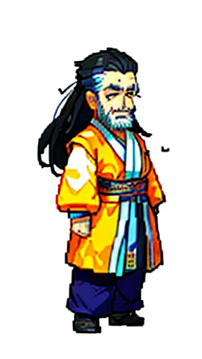 Old man in ancient Chinese costume、Wise Old Man、Looking into the camera、Her hair is tied up in a single bun on top of her head、Long sleeve、Hanfu、Black Hair、Stand and pose、Pixel art、(masterpiece, highest quality, highest quality), pixel,pixel art,whole body,Characters in Romance of the Three Kingdoms、Transform、beard、Short Deformation、Old man with long beard