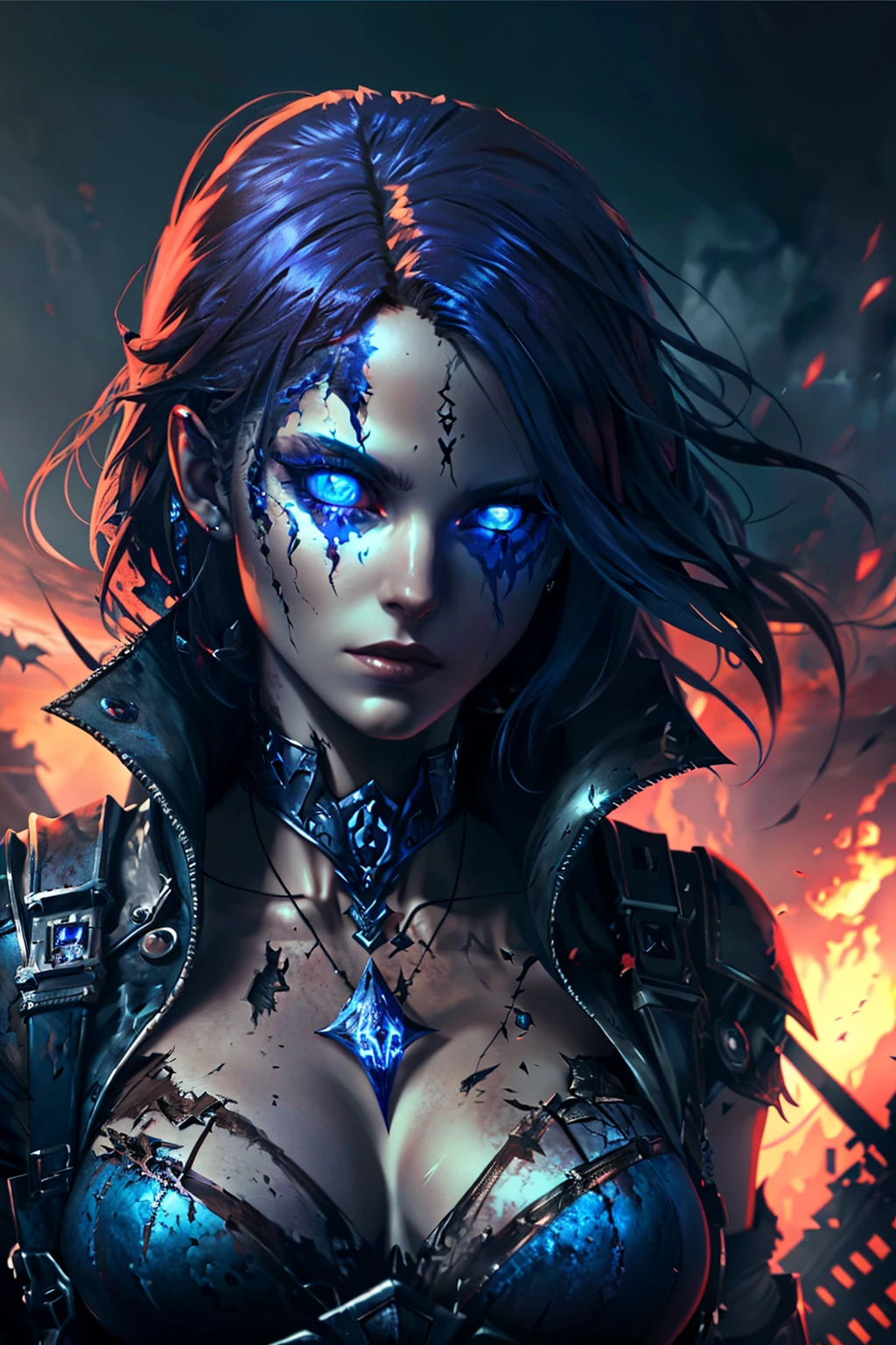 Lilith, beautiful demon, fallen angel, piercing blue eyes, hyperdetailed, photorealistic, post apocalyptic background, volumetric lighting, 4k