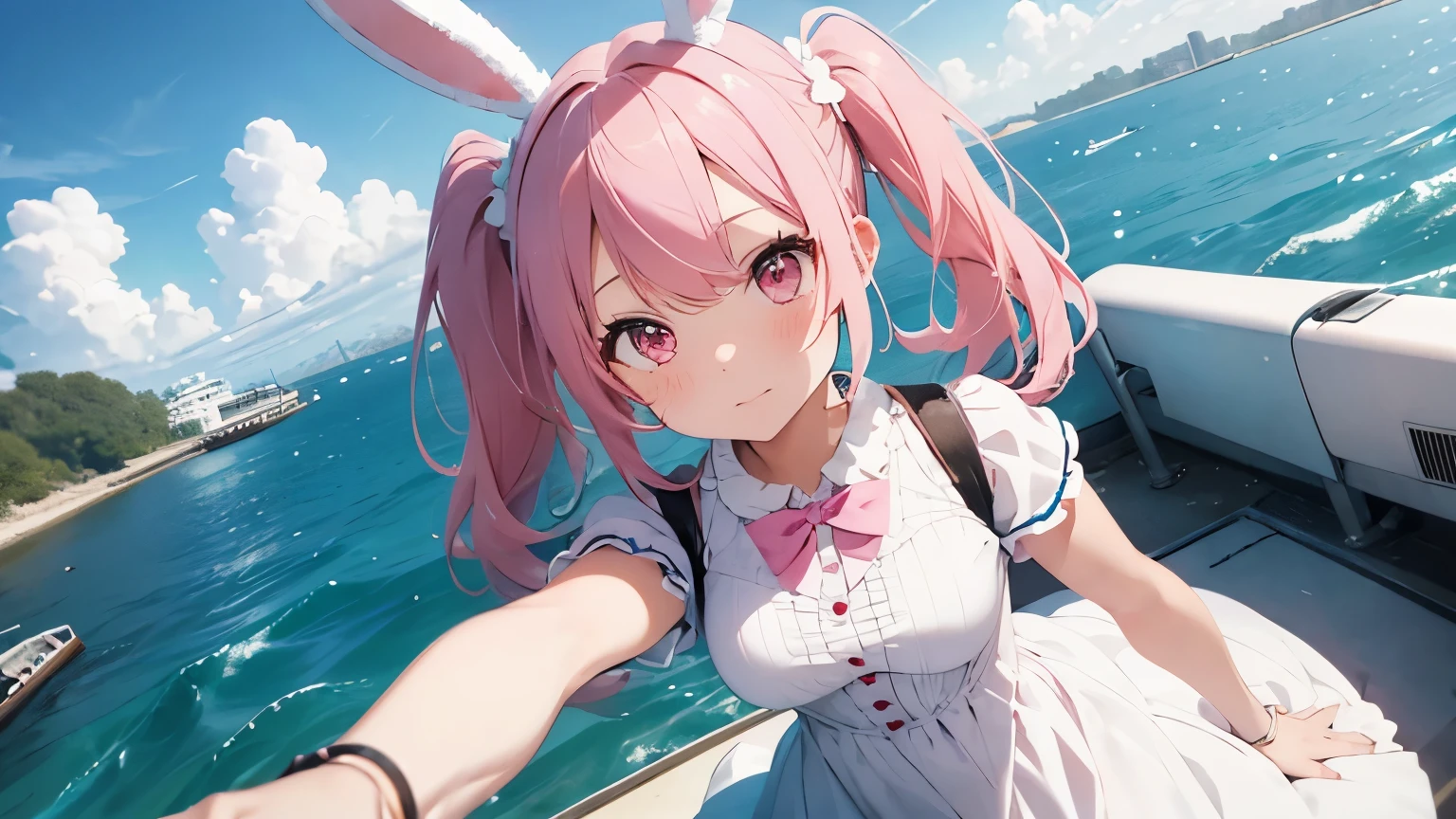 highest quality, pretty girl, pastel colour, Fluffy bunny ears, Pink Hair,Twin tails,Pale pink eyes,luxury liner,Party on board,In a dress,On the boat