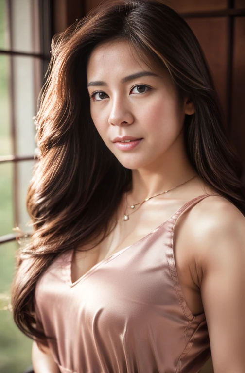 (((Beautiful Japanese 40 year old middle-aged woman)))(Photorealistic:1.5, Tabletop:1.5, 8k, RAW shooting),Straight nose (highest quality, masterpiece, 超A high resolution), Professional camera work, Highly detailed skin and facial textures:1.3, Grow light effect, Ultra-detailed, Mysterious portrait, Perfect dynamic composition, , (Indoors、Gloomy evening:1.3, ), (Thin satin V-neck dress), (Taking photos with blur:1.4, Fogging up the lens:1.4), The voluptuous figure of a female volleyball player, Beautiful and clear face, (Beautiful erotic eyes:0.9, A dreamy look:1.0, I love you dearly:0.8, Open your mouth a little, A taste that exudes beautiful eroticism:0.7), (Dark brown medium hair, Hair fluttering in the wind), The chest is medium, necklace), (Tilt, get up), ((Attractions))、whole body
