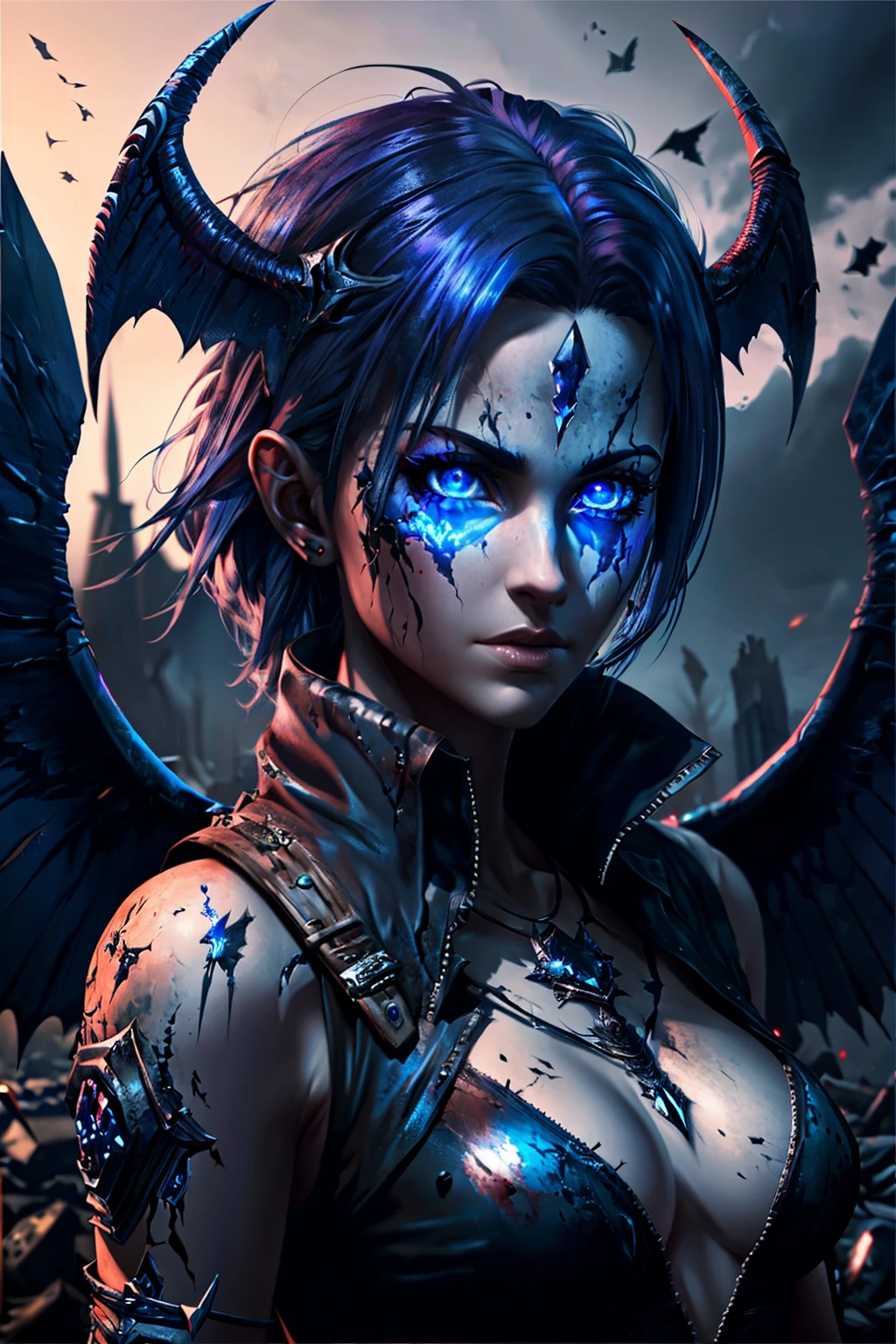 Lilith, beautiful demon, fallen angel, piercing blue eyes, hyperdetailed, photorealistic, post apocalyptic background, volumetric lighting, 4k