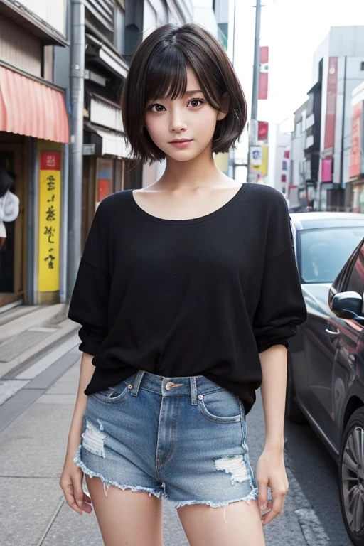 1 Female、10 years old, only, Short Hair, Skinny, Look at the viewers, Black Hair, Expose, Brown eyes, Whole body,  Realistic,、Flirting on camera, Take a photo shoot in a Japanese city、High quality