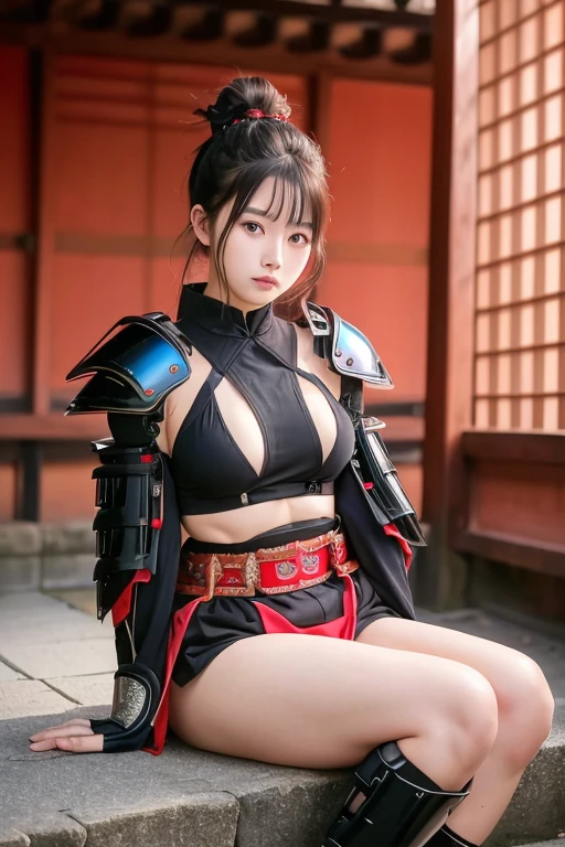 High resolution、8k、Raw photo、whole body、Beautiful age Woman、One Japanese woman、Big beautiful eyeedium chest、Black ponytail、((Wearing black and red cyberpunk mechanical samurai armor))、Sitting in the temple grounds、Japanese Girl Samurai