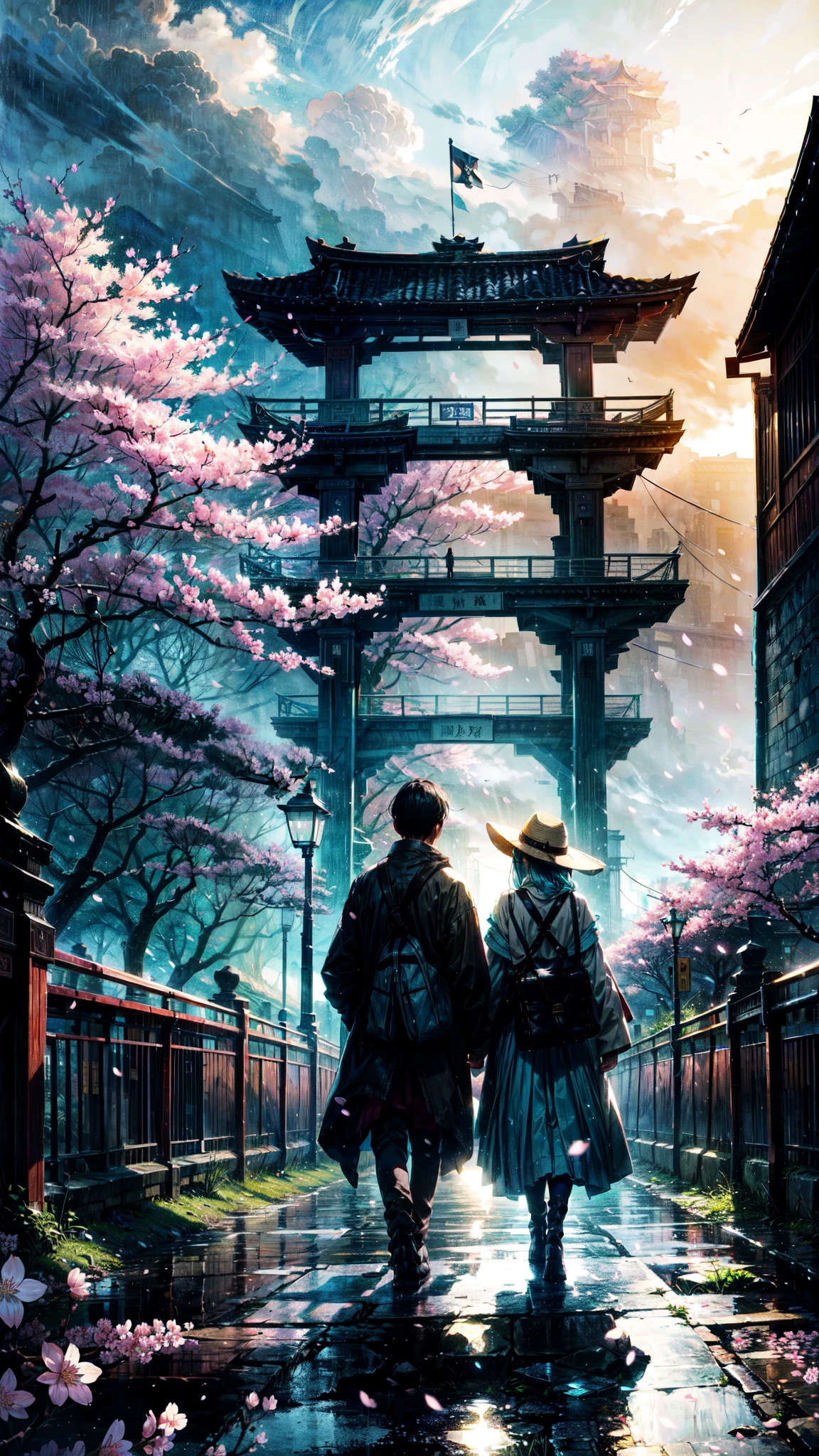 two people walk the bridge under a large cherry blossom, in the style of atmospheric paintings, gray and aquamarine, airbrush art, dark white and dark gray, lovely --ar 35:64 --stylize 750 --v 6