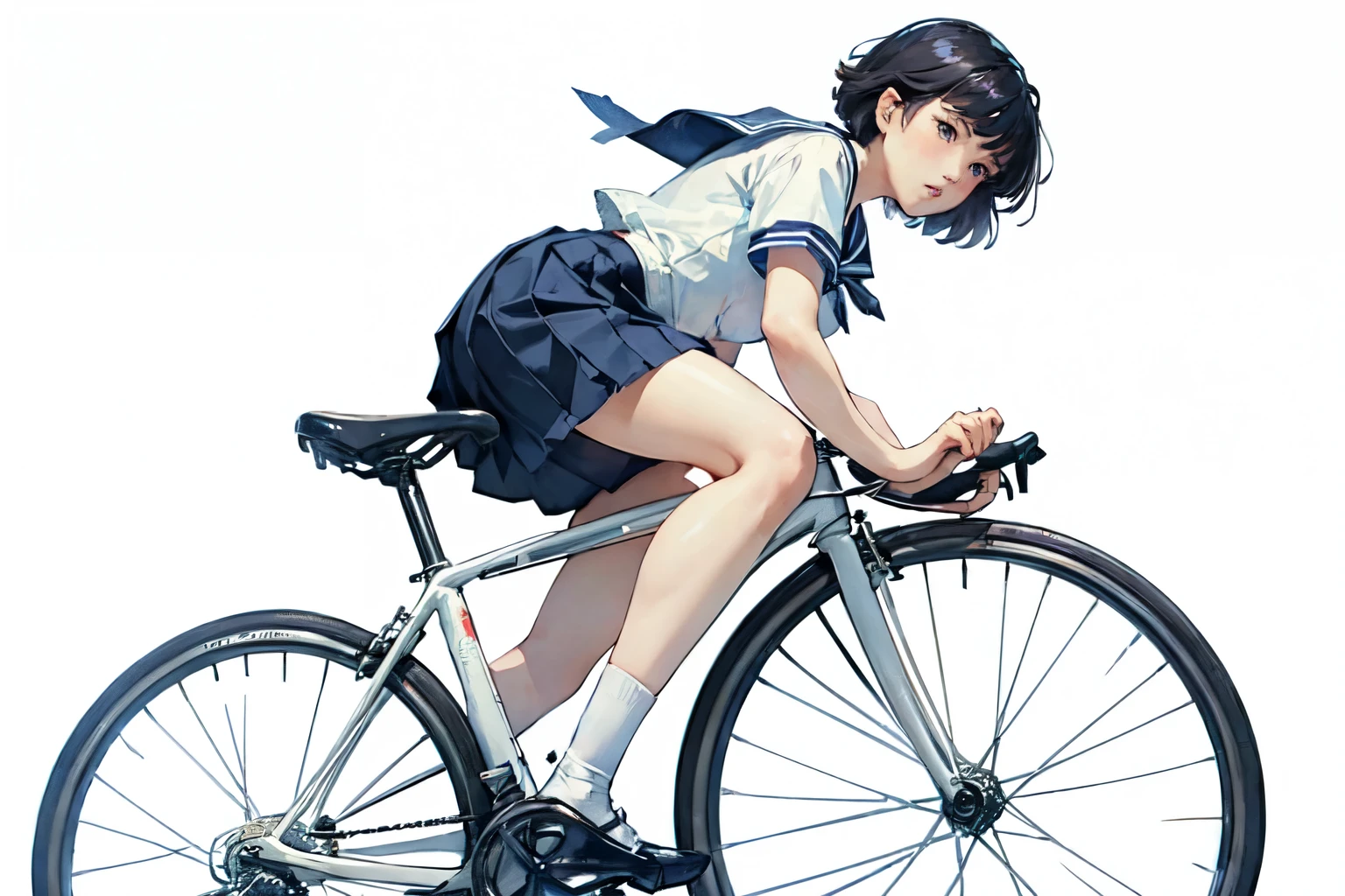 (highest quality、masterpiece)、(A  riding a bicycle、Mamachari、alone、whole)、(From the side)、(Cute Face)、short hair、White Sailor Suit、uniform、Long skirt、Pleated skirt、shoes、(No background)、White Background、Blur the background、(Watercolor of singer Sargent)、Impressionist style painting、