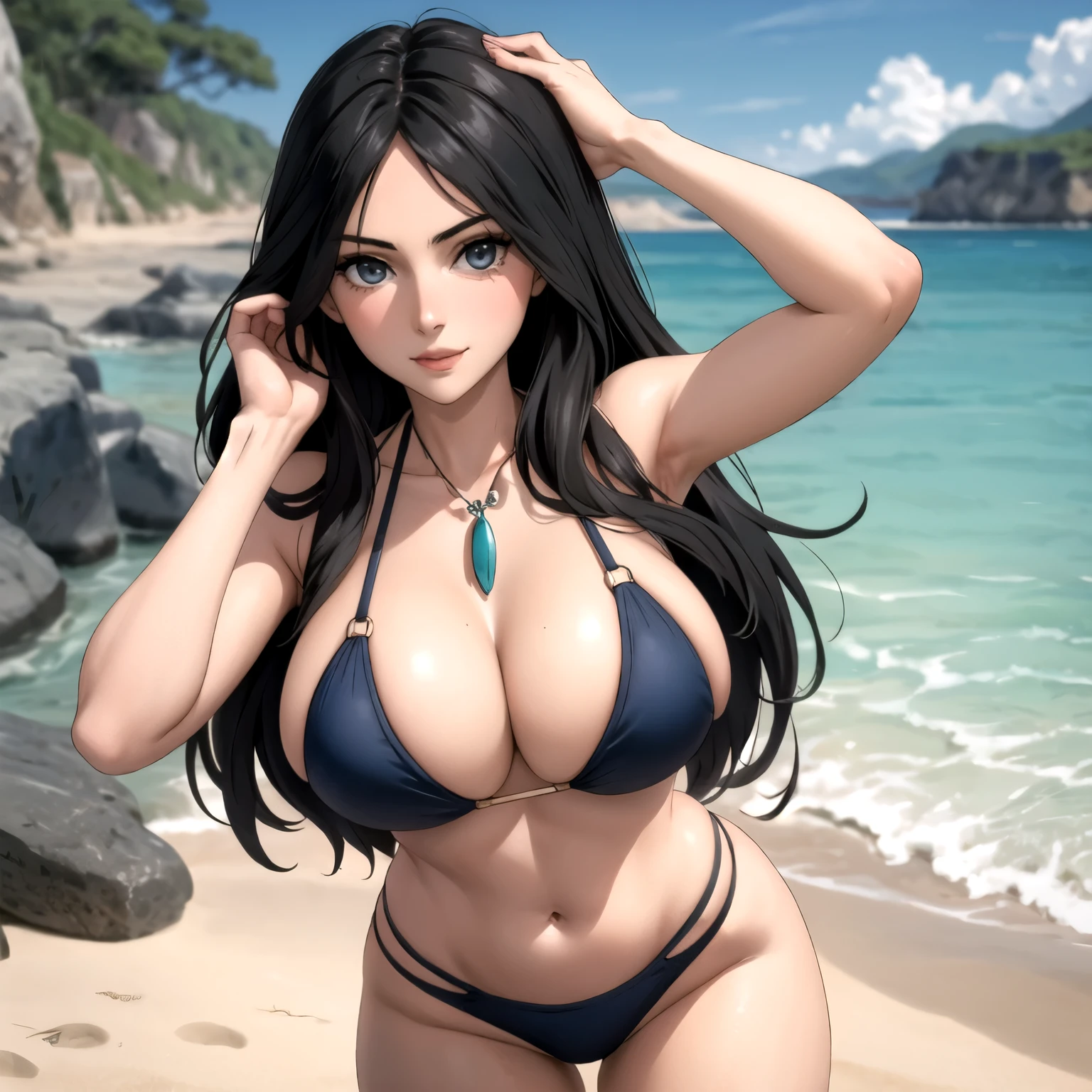 sadina. 30 year old woman. cabello negro . ojos azules claros, pechos grandes, sonrisa traviesa, pechos grandes bikini azul con punto blancos, manos detras de la cabeza. esta sola de pie en una playa , parada frente al espectador. hands behind head. 1 sola mujer, mujer sola, sin nadie mas. both hands behind the head.