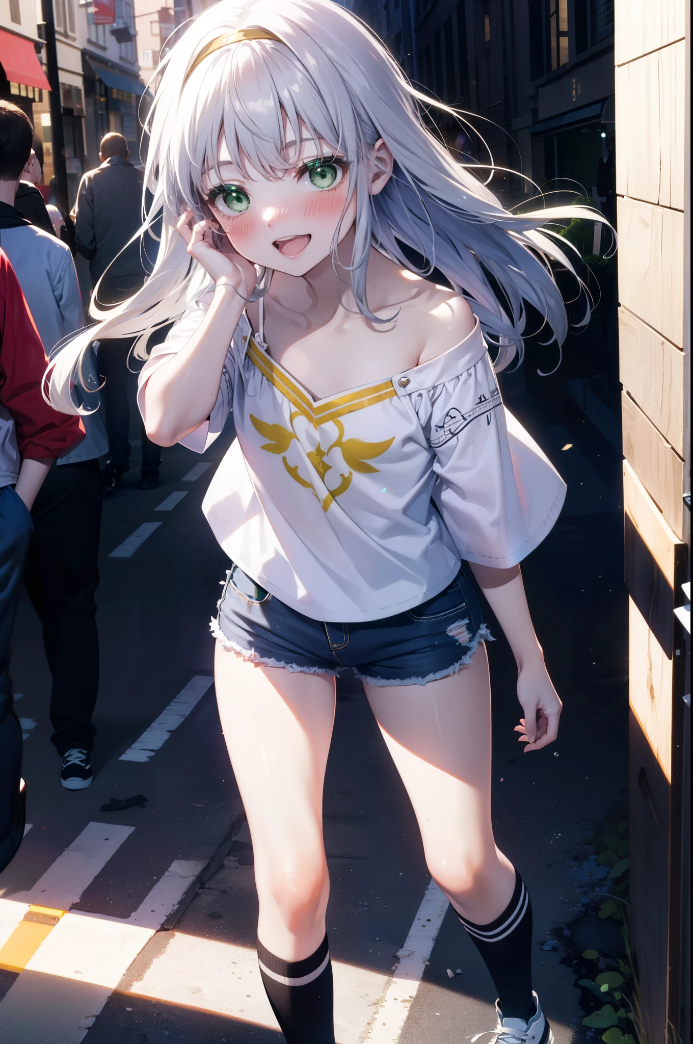 index, index, (Green Eyes:1.5), Silver Hair, Long Hair, (Flat Chest:1.2),happy smile, smile, Open your mouth,blush,hair band,Cordo shoulder top,Short sleeve,Shorts,White knee socks,High-top sneakers,Daytime,Clear skies,whole bodyがイラストに入るように,Walking,
break looking at viewer, whole body,
break outdoors, In town,Building district,
break (masterpiece:1.2), highest quality, High resolution, unity 8k wallpaper, (figure:0.8), (Beautiful fine details:1.6), Highly detailed face, Perfect lighting, Highly detailed CG, (Perfect hands, Perfect Anatomy),