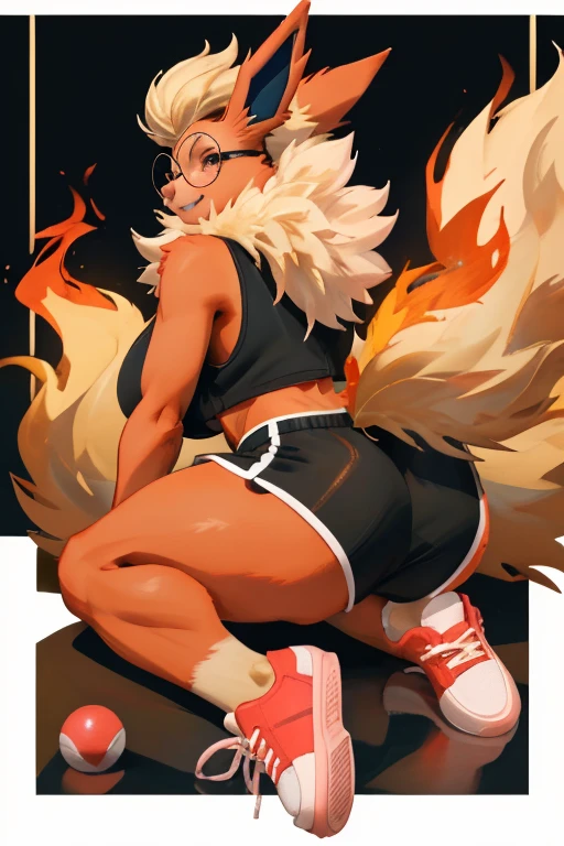 ((Flareon)), anthropomorphic, big breasts, big butt, pokemorph, (((1girl))), (((black cropped tank top))), (black and pink gym short shorts), (pink sneakers), full body, cute and sexy, fiery red skin, (round glasses), long legs, smiling