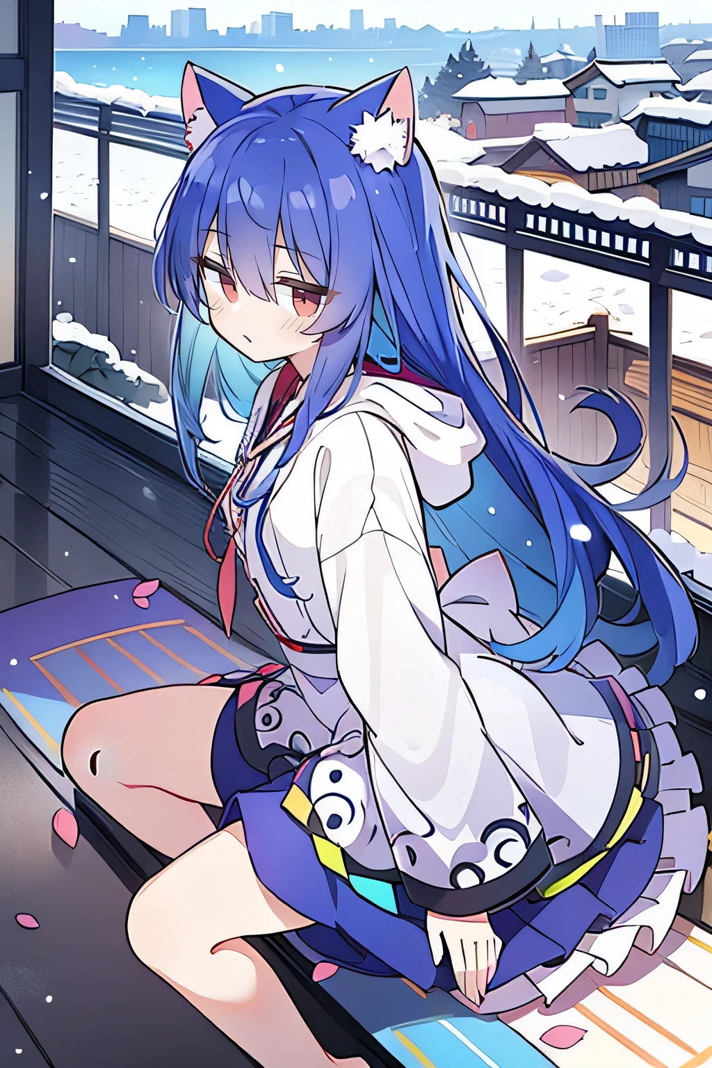 (masterpiece:1.2),Super detailed,lifelike,Expressive eyes,fair skin,perfect face shape,1 girl,
Japanese comics,Gorgeous blue hair,flowing blue hair,flowing clothes,Cat ears,Petals fall,beautiful lola,Baby Angel,sunrise,
Shaking head with one hand,Cross your legs,Gentle and peaceful background,The pavilion is cool and comfortable,smile, wearing hoodie, background of tokyo,back views,snowing, winter.