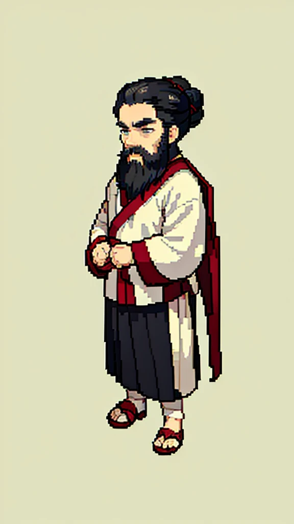 Old man in ancient Chinese costume、Wise Old Man、Looking into the camera、Hair is tied in a bun、Long sleeve、Hanfu、Black Hair、Standing and posing with arms crossed、Pixel art、(masterpiece, highest quality, highest quality), pixel,pixel art,whole body,Characters in Romance of the Three Kingdoms、Transform、beard、Short Deformation、Old man with long beard
